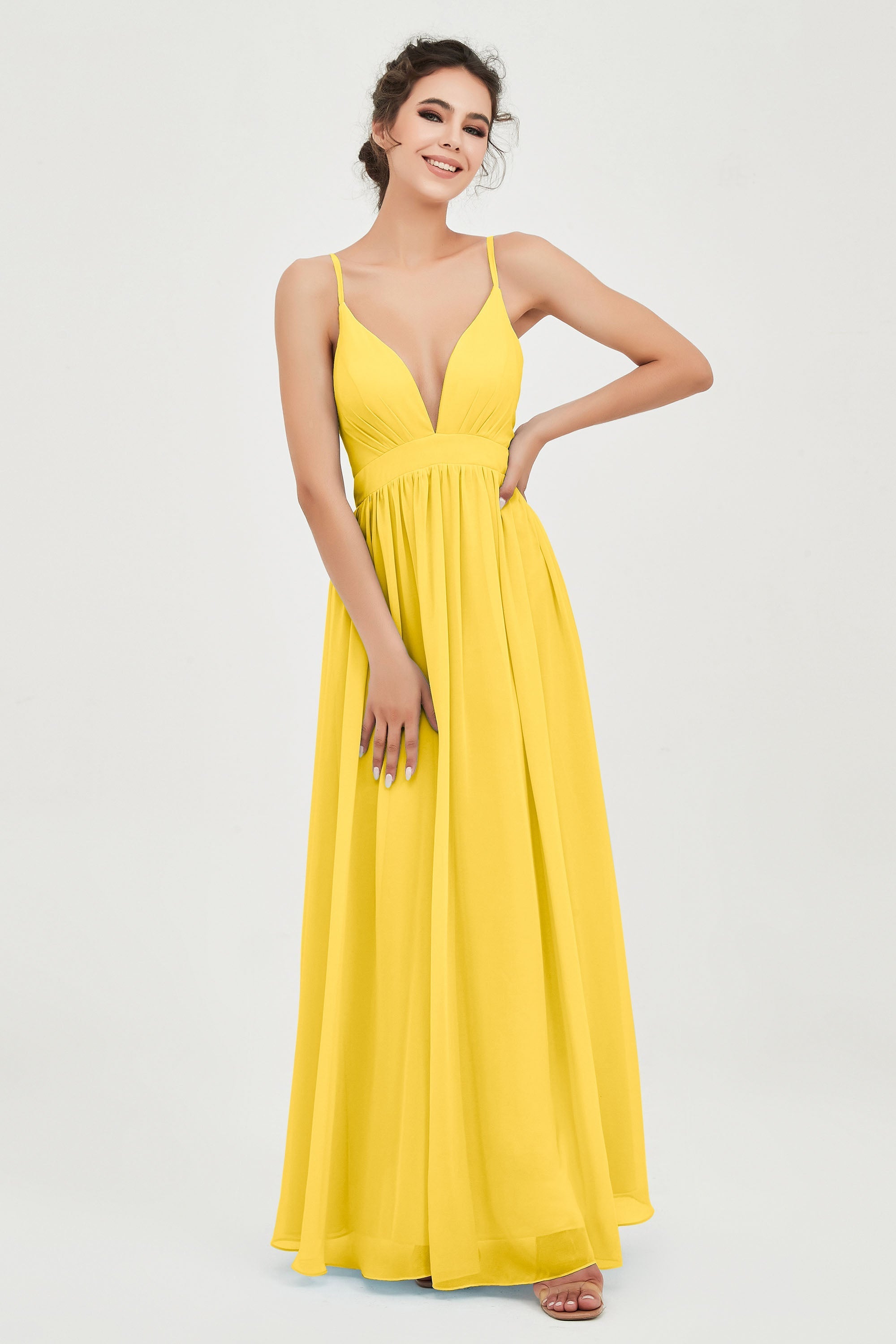 Deep V Neck Sexy Chiffon Bridesmaid Dress Spaghetti Straps Formal Evening Prom Dresses