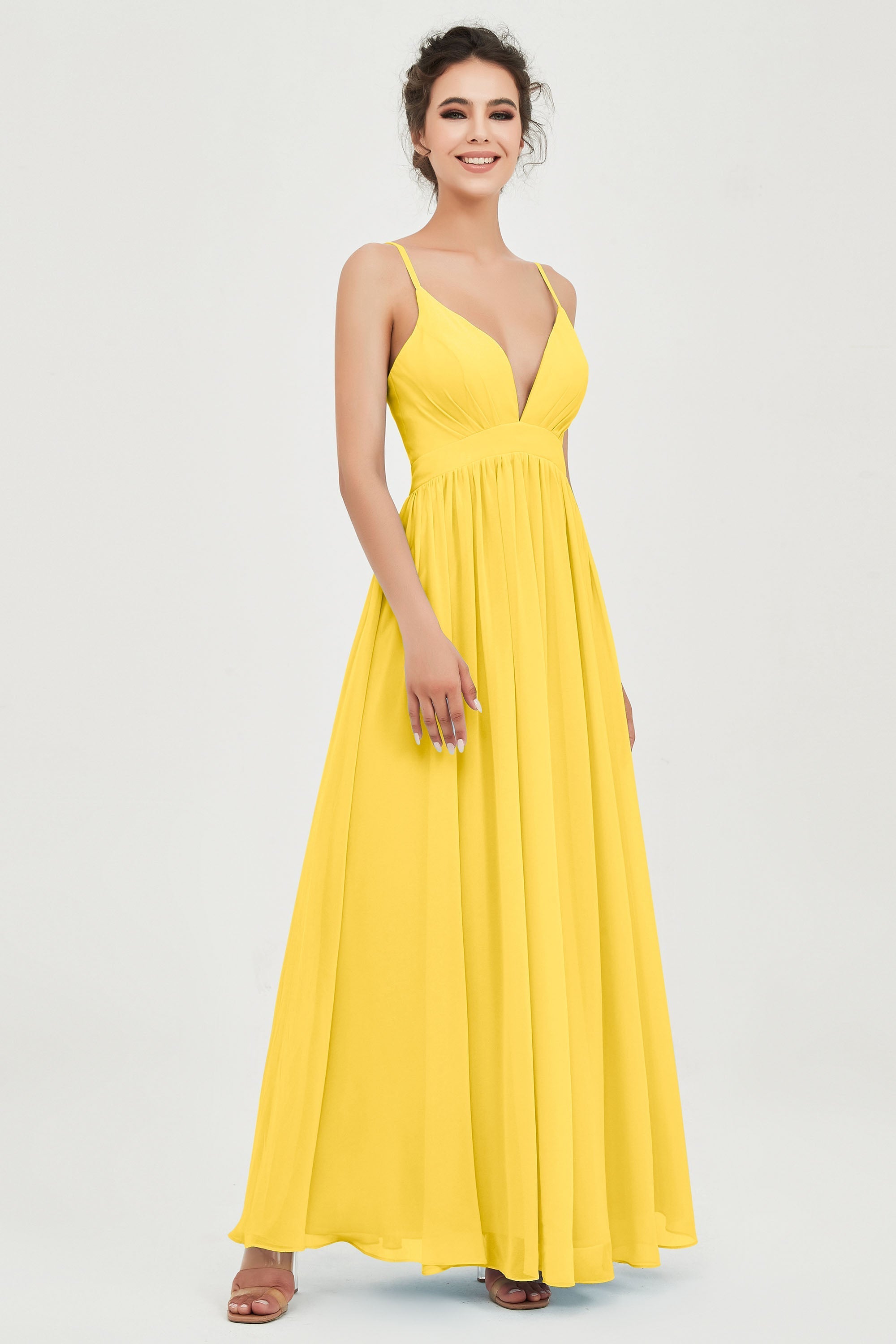 Deep V Neck Sexy Chiffon Bridesmaid Dress Spaghetti Straps Formal Evening Prom Dresses