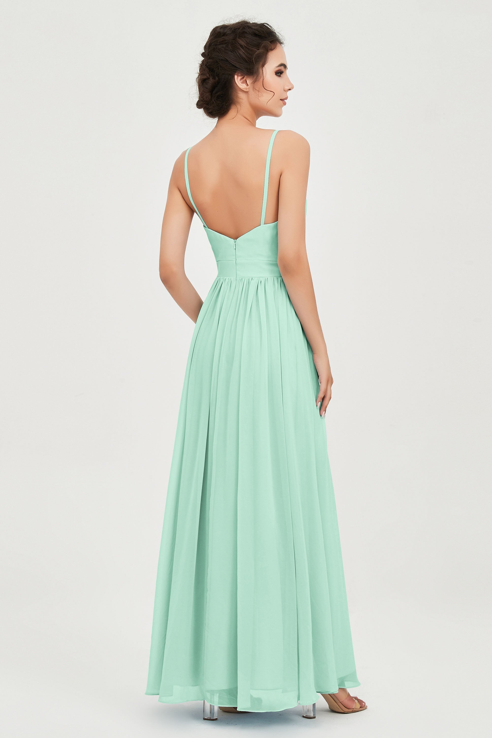 Deep V Neck Sexy Chiffon Bridesmaid Dress Spaghetti Straps Formal Evening Prom Dresses
