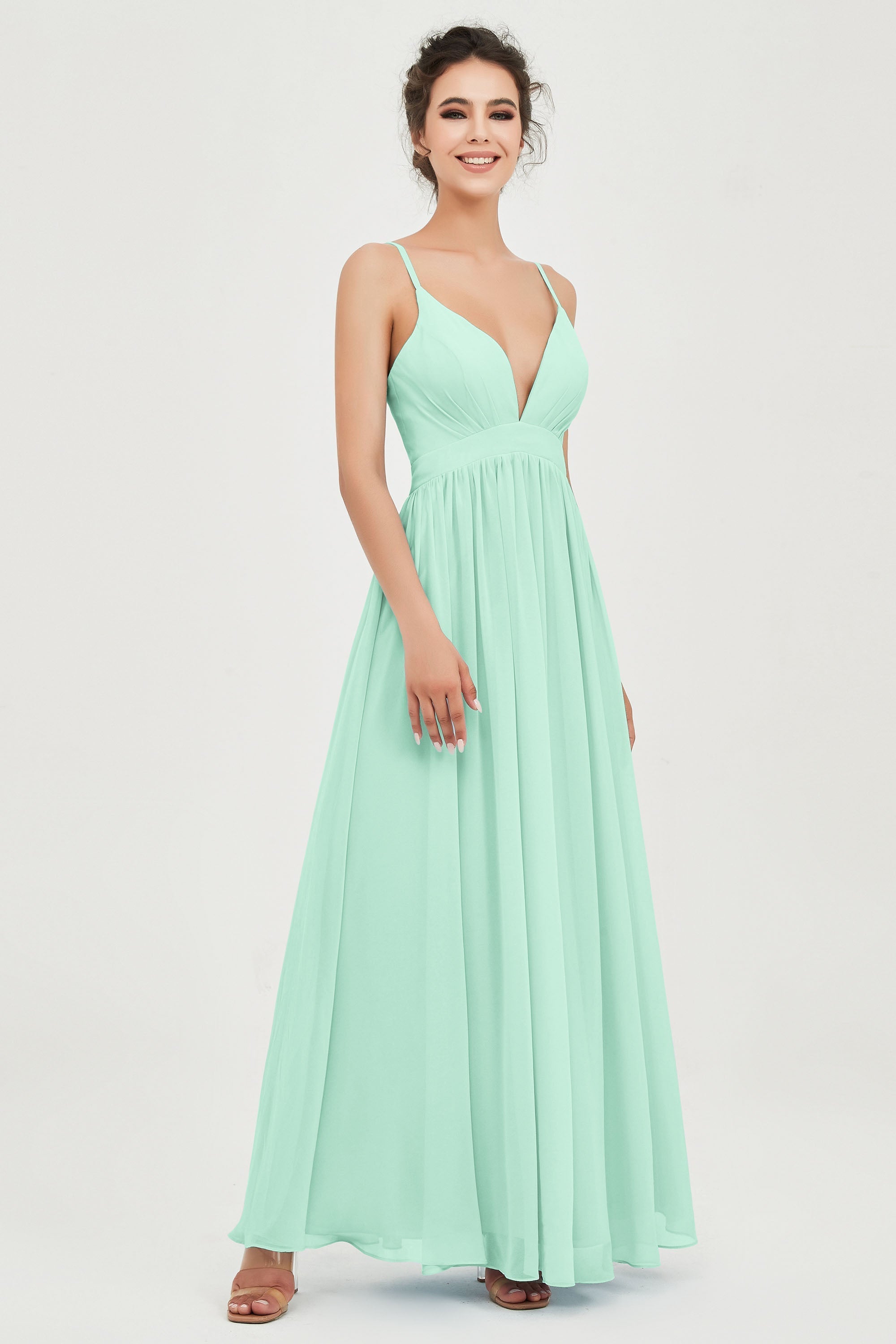 Deep V Neck Sexy Chiffon Bridesmaid Dress Spaghetti Straps Formal Evening Prom Dresses