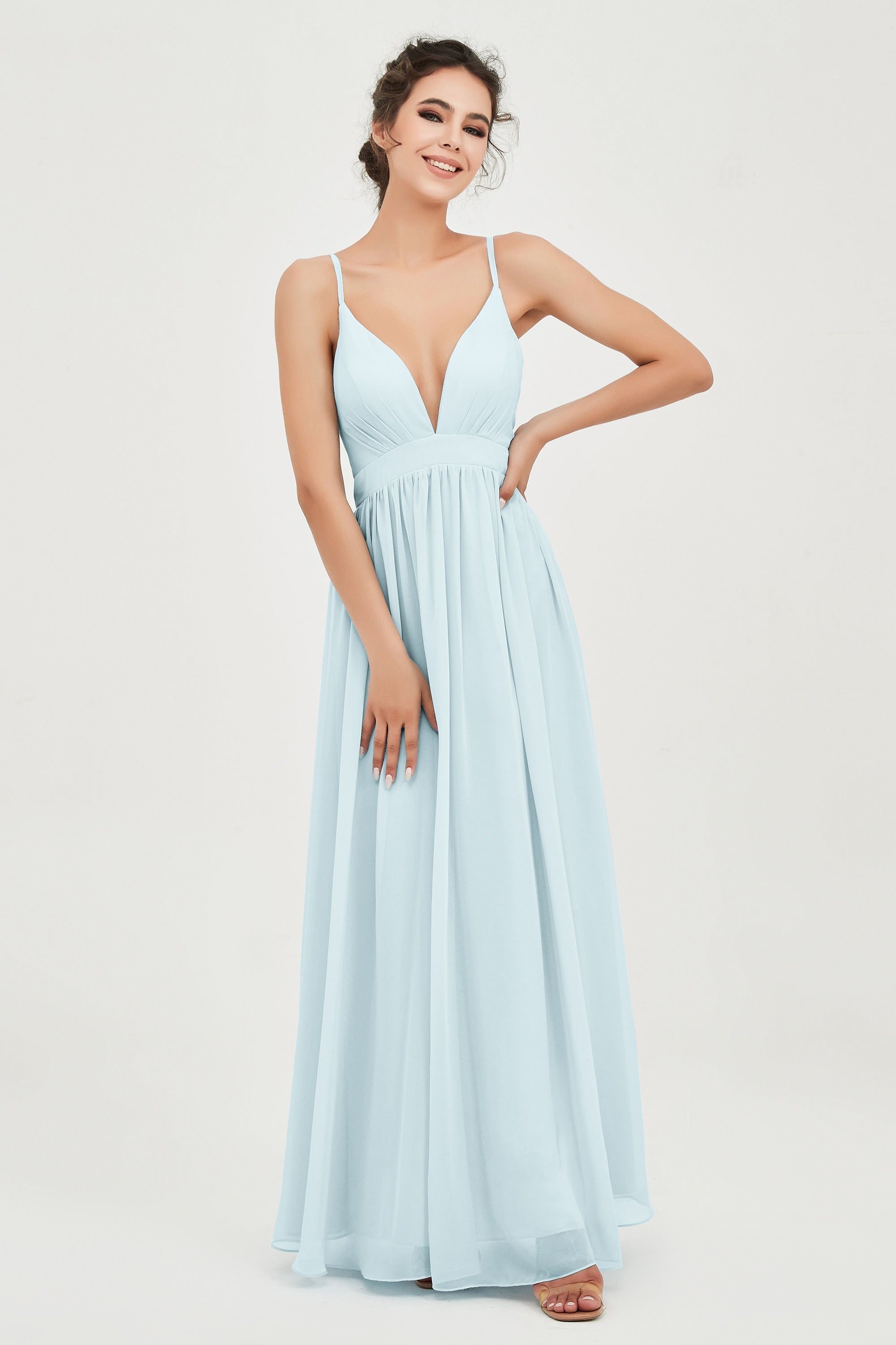 Deep V Neck Sexy Chiffon Bridesmaid Dress Spaghetti Straps Formal Evening Prom Dresses