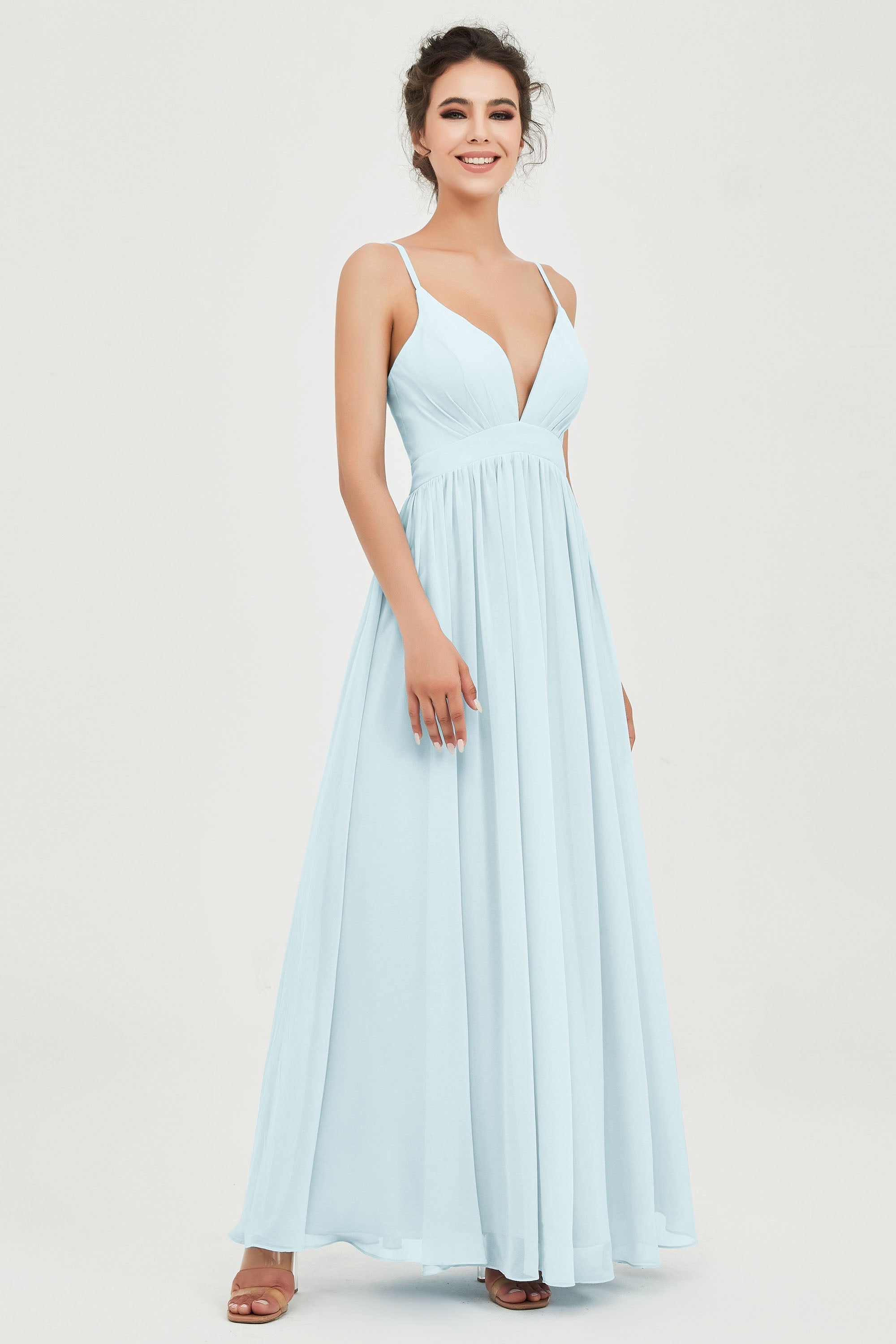 Deep V Neck Sexy Chiffon Bridesmaid Dress Spaghetti Straps Formal Evening Prom Dresses
