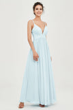 Deep V Neck Sexy Chiffon Bridesmaid Dress Spaghetti Straps Formal Evening Prom Dresses