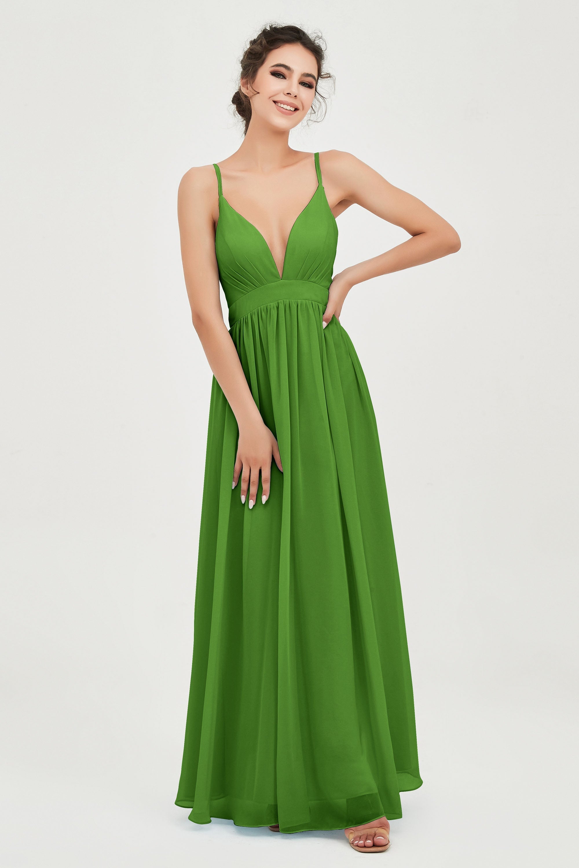 Deep V Neck Sexy Chiffon Bridesmaid Dress Spaghetti Straps Formal Evening Prom Dresses