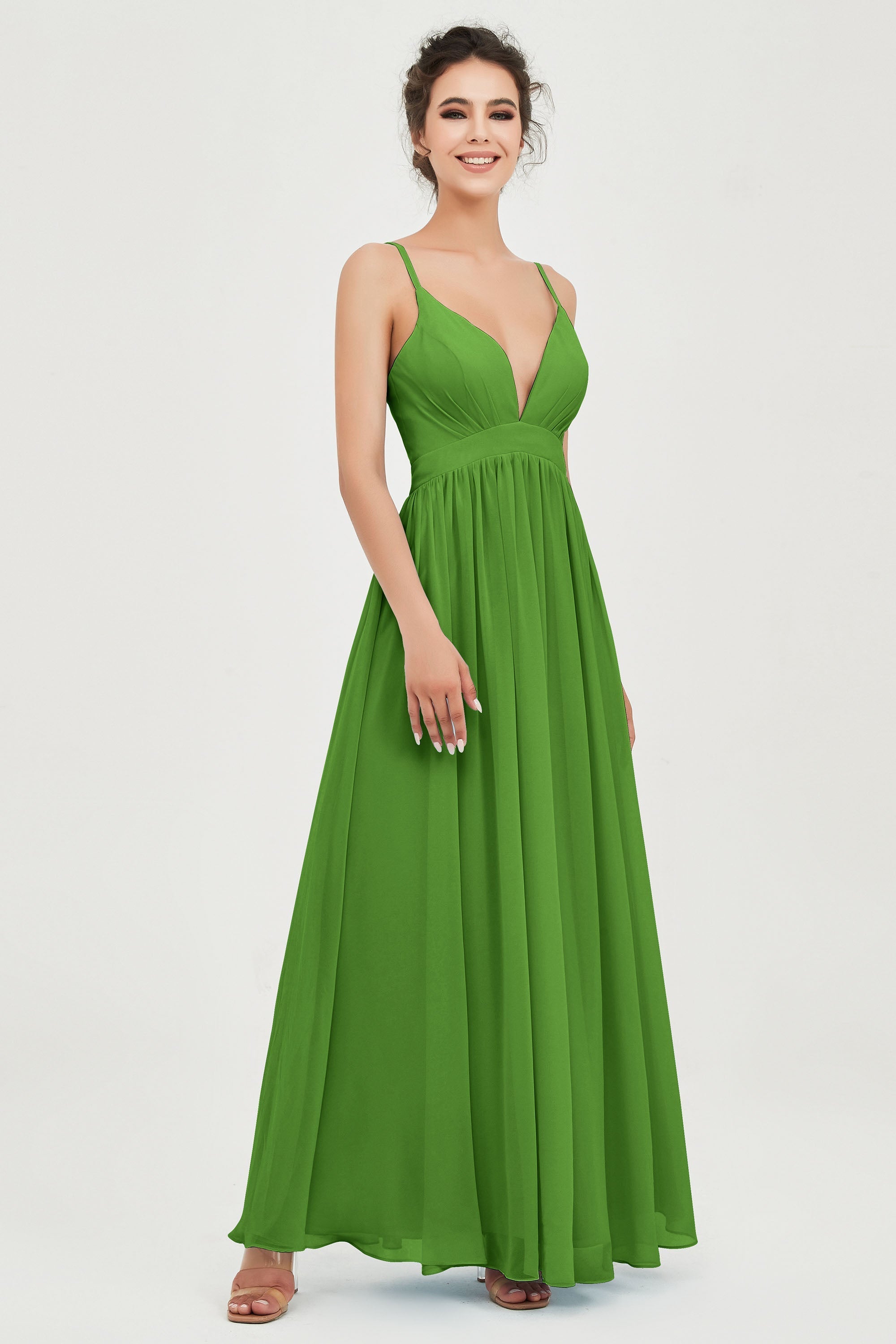 Deep V Neck Sexy Chiffon Bridesmaid Dress Spaghetti Straps Formal Evening Prom Dresses