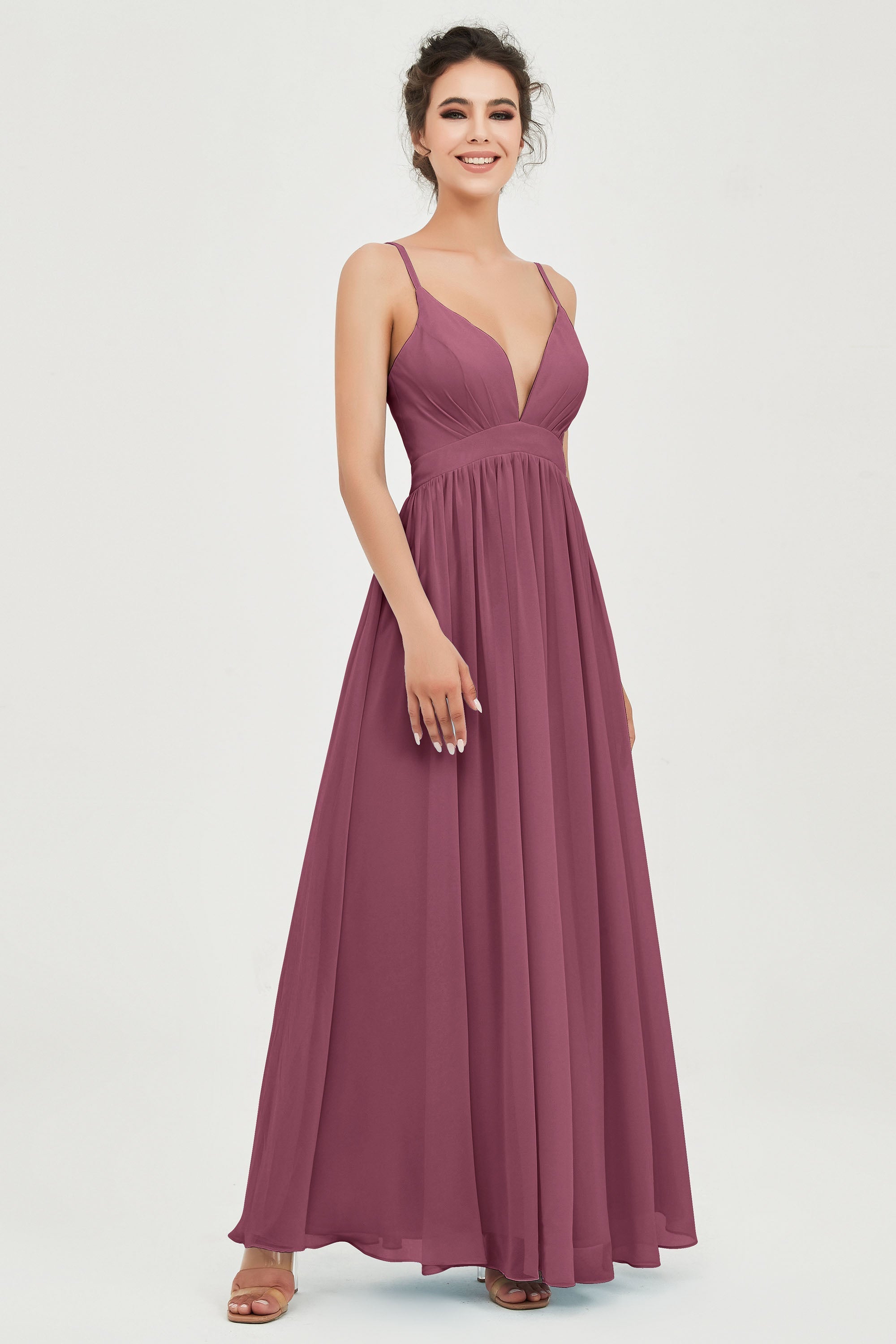 Deep V Neck Sexy Chiffon Bridesmaid Dress Spaghetti Straps Formal Evening Prom Dresses