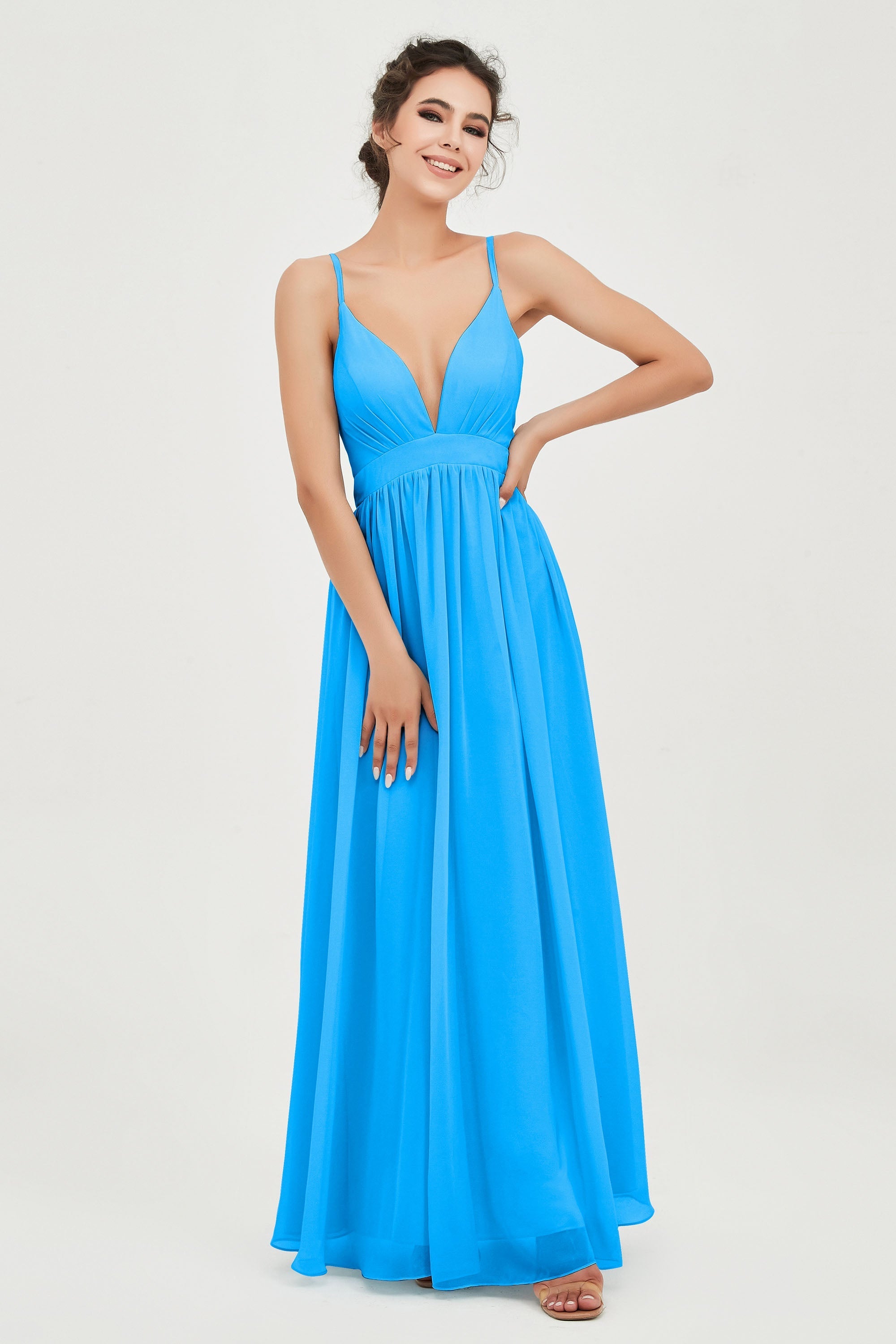Deep V Neck Sexy Chiffon Bridesmaid Dress Spaghetti Straps Formal Evening Prom Dresses