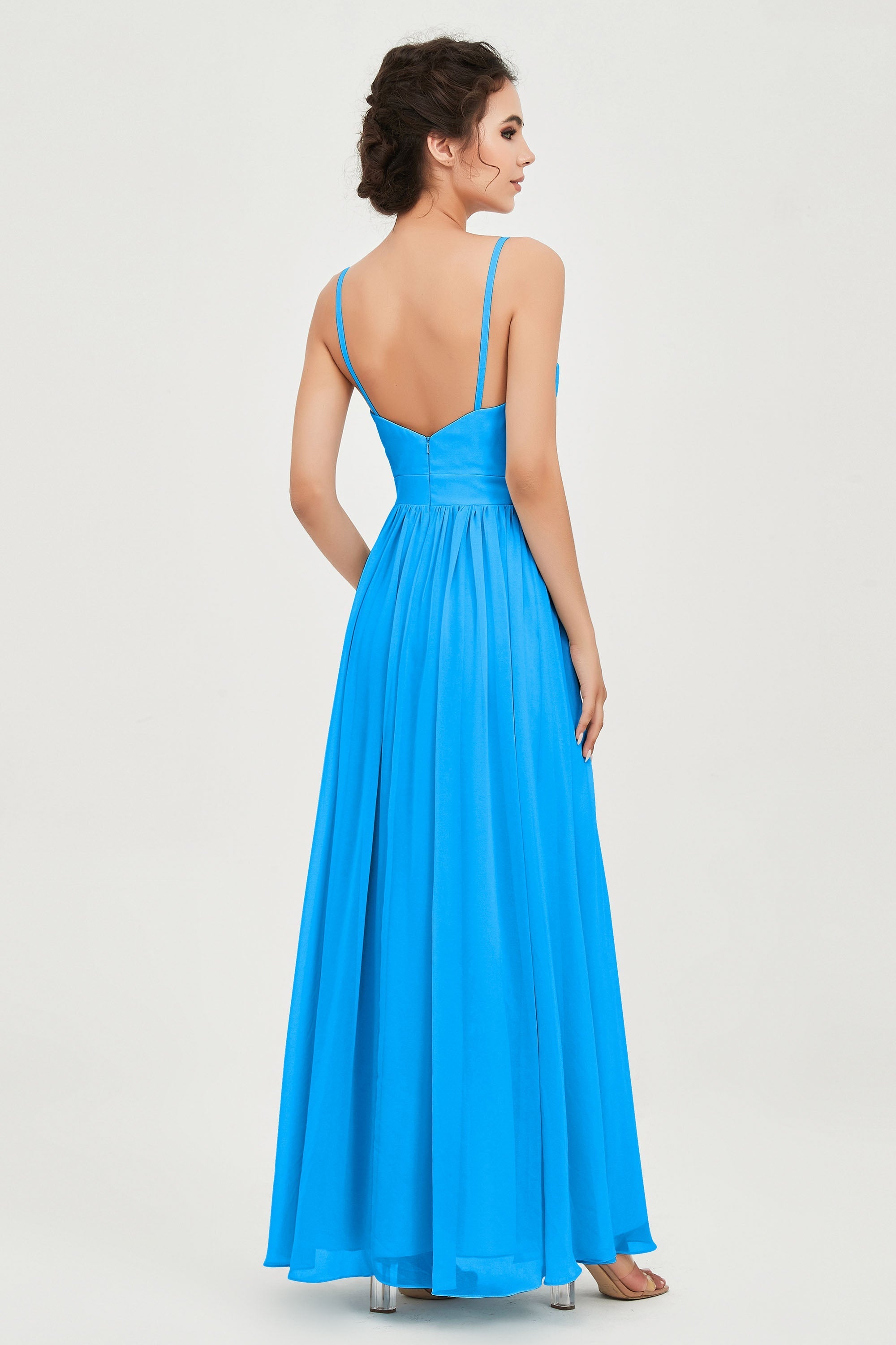 Deep V Neck Sexy Chiffon Bridesmaid Dress Spaghetti Straps Formal Evening Prom Dresses