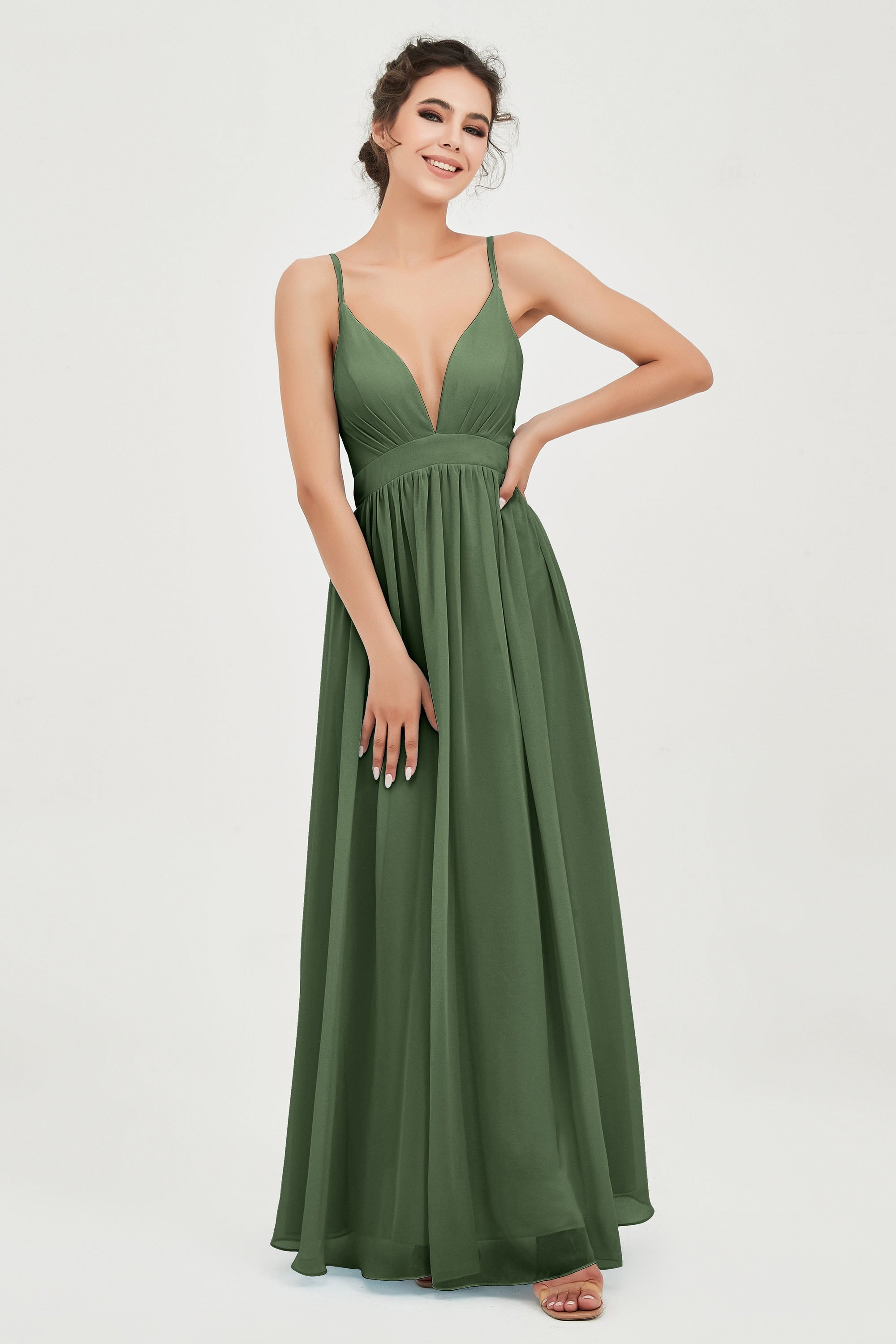 Deep V Neck Sexy Chiffon Bridesmaid Dress Spaghetti Straps Formal Evening Prom Dresses