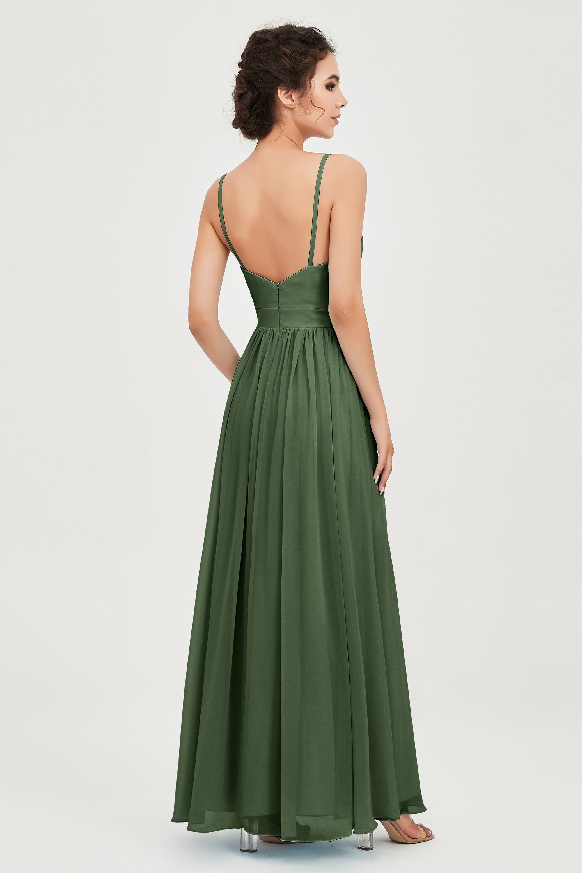 Deep V Neck Sexy Chiffon Bridesmaid Dress Spaghetti Straps Formal Evening Prom Dresses