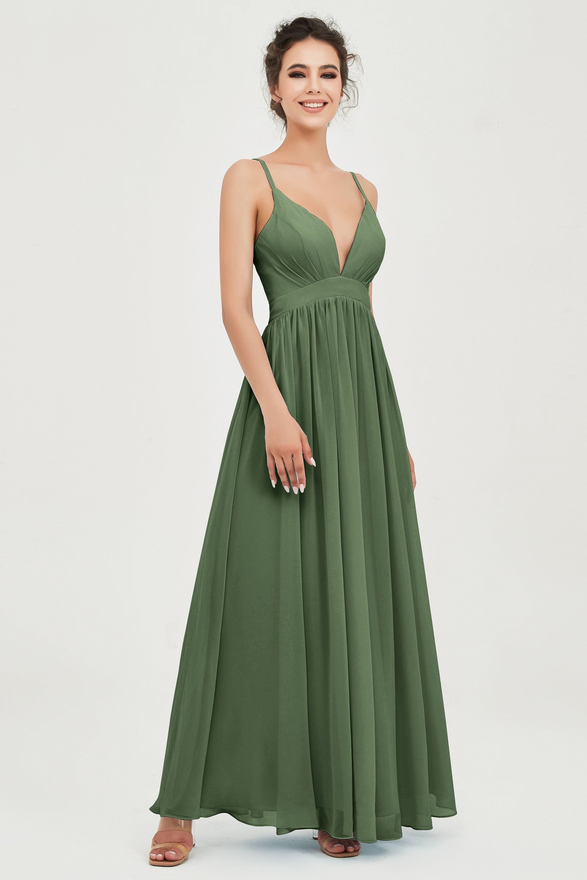 Deep V Neck Sexy Chiffon Bridesmaid Dress Spaghetti Straps Formal Evening Prom Dresses