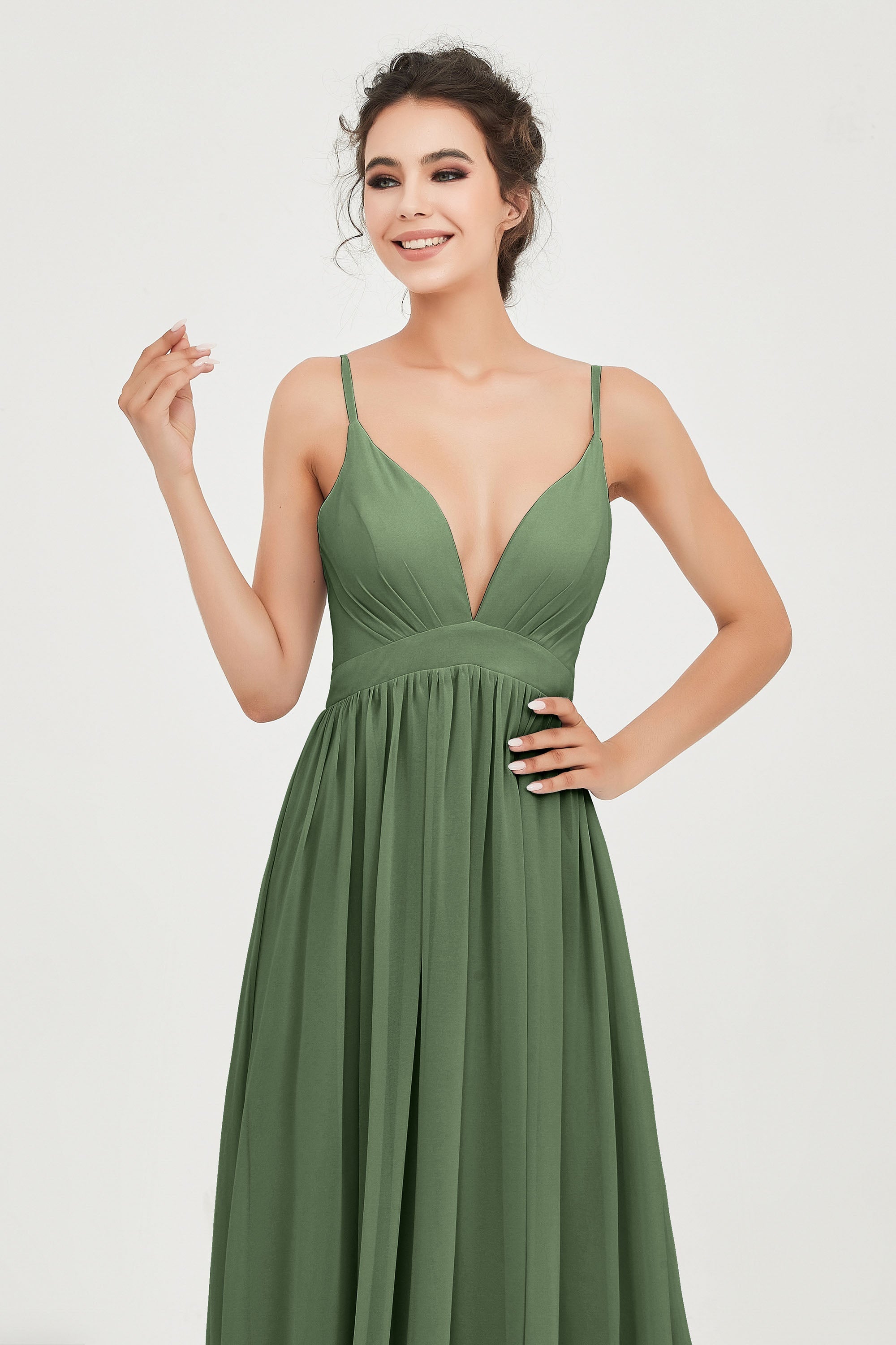 Deep V Neck Sexy Chiffon Bridesmaid Dress Spaghetti Straps Formal Evening Prom Dresses