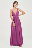 Deep V Neck Sexy Chiffon Bridesmaid Dress Spaghetti Straps Formal Evening Prom Dresses