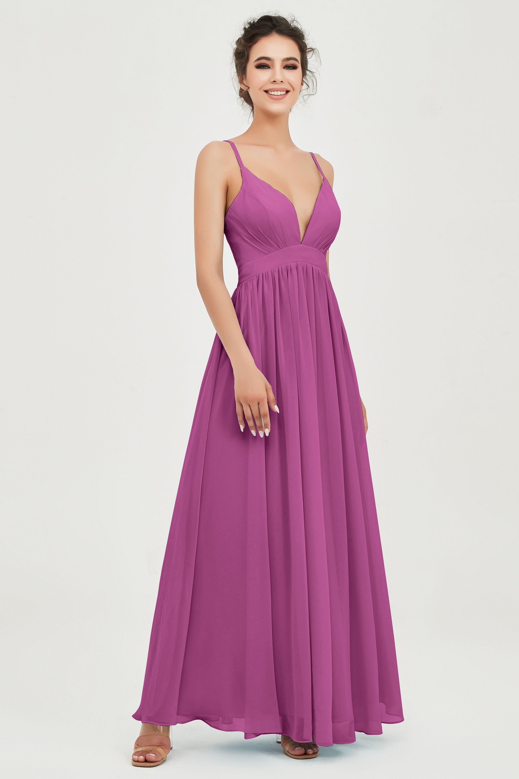Deep V Neck Sexy Chiffon Bridesmaid Dress Spaghetti Straps Formal Evening Prom Dresses