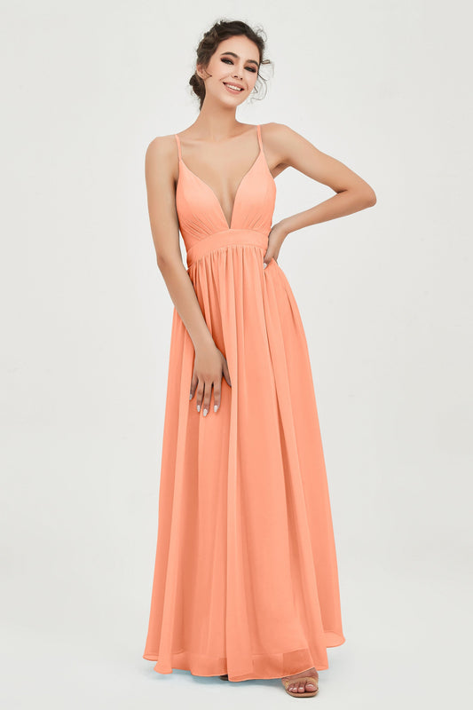 Deep V Neck Sexy Chiffon Bridesmaid Dress Spaghetti Straps Formal Evening Prom Dresses