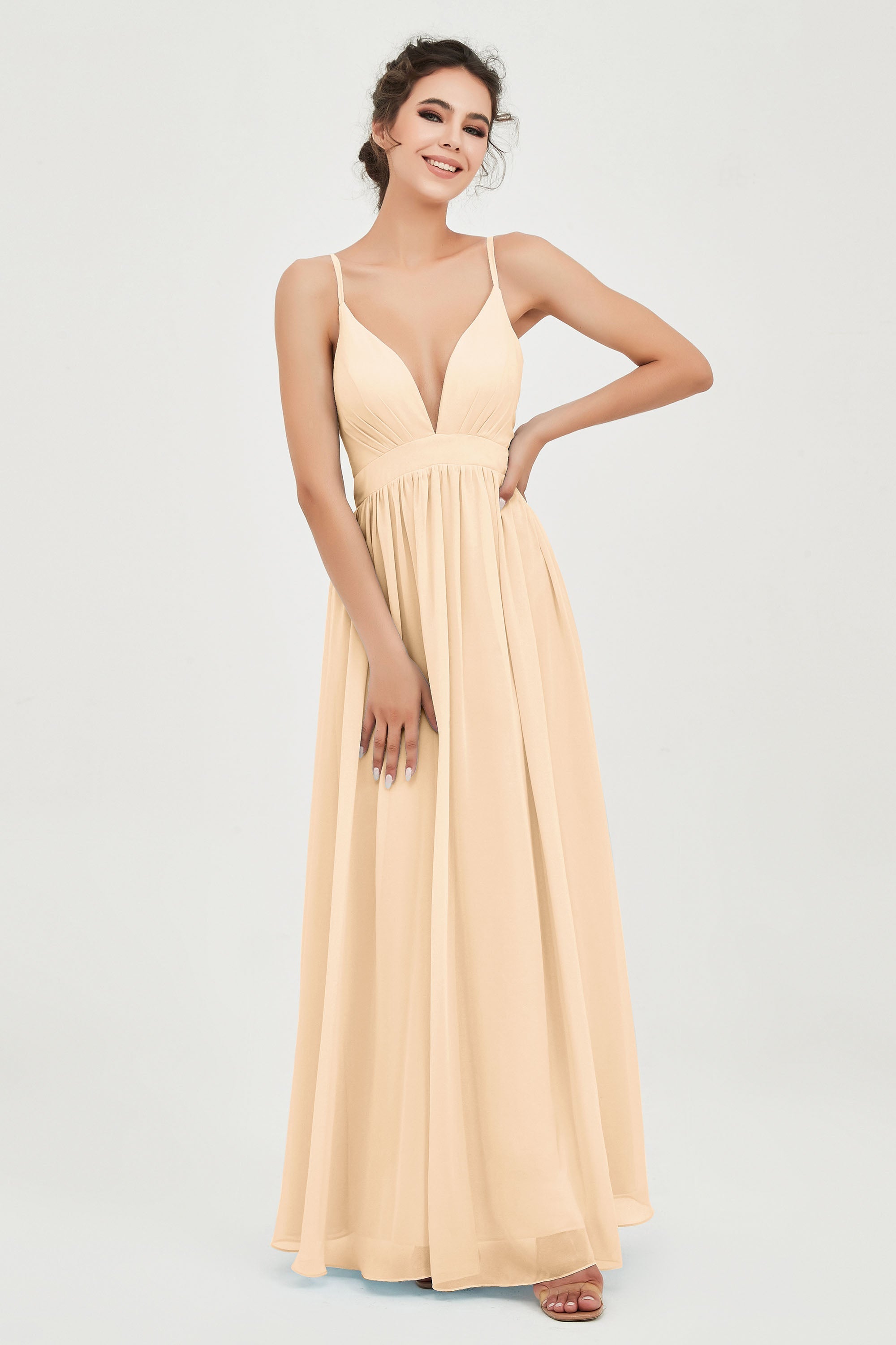 Deep V Neck Sexy Chiffon Bridesmaid Dress Spaghetti Straps Formal Evening Prom Dresses