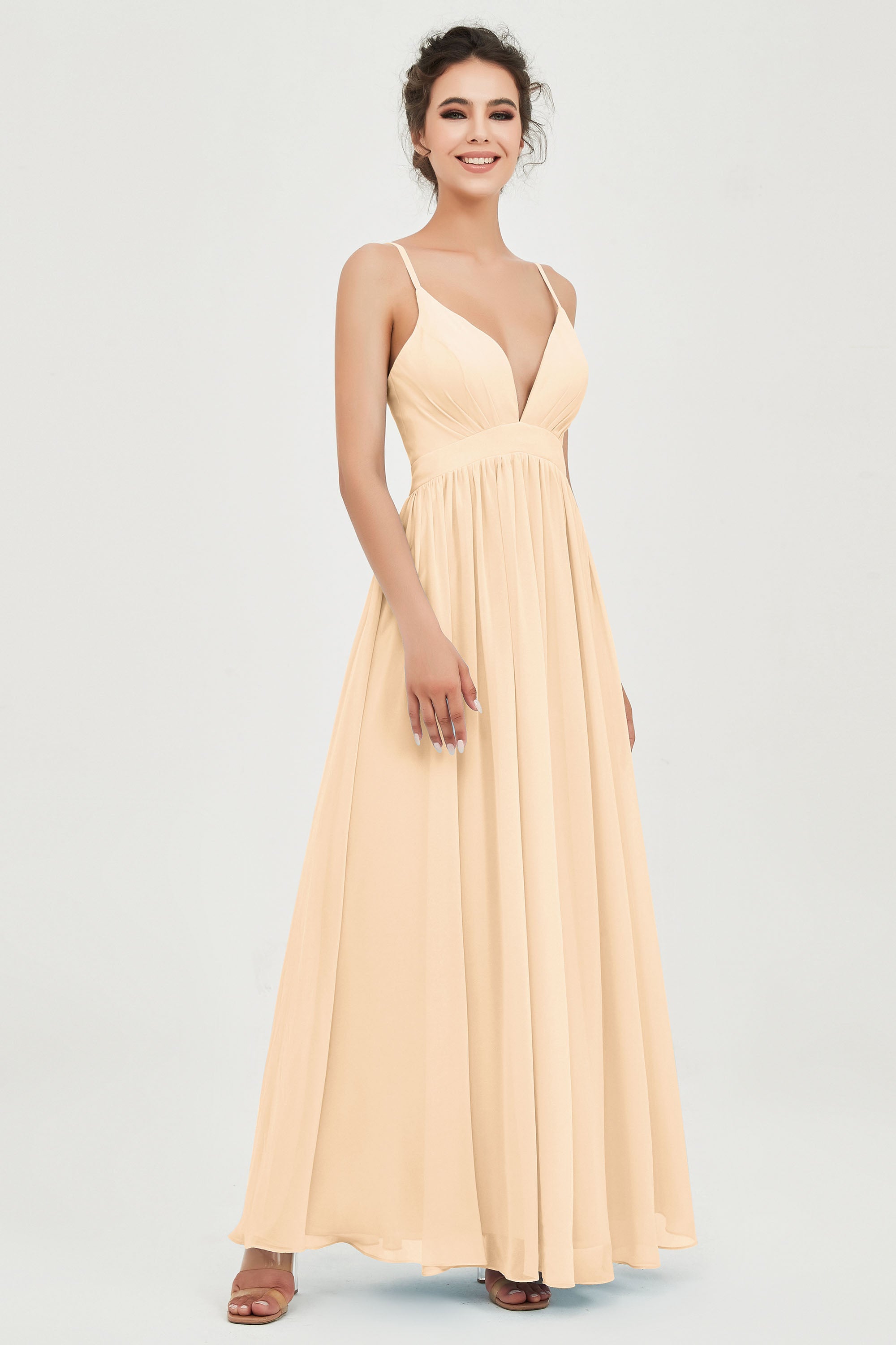 Deep V Neck Sexy Chiffon Bridesmaid Dress Spaghetti Straps Formal Evening Prom Dresses