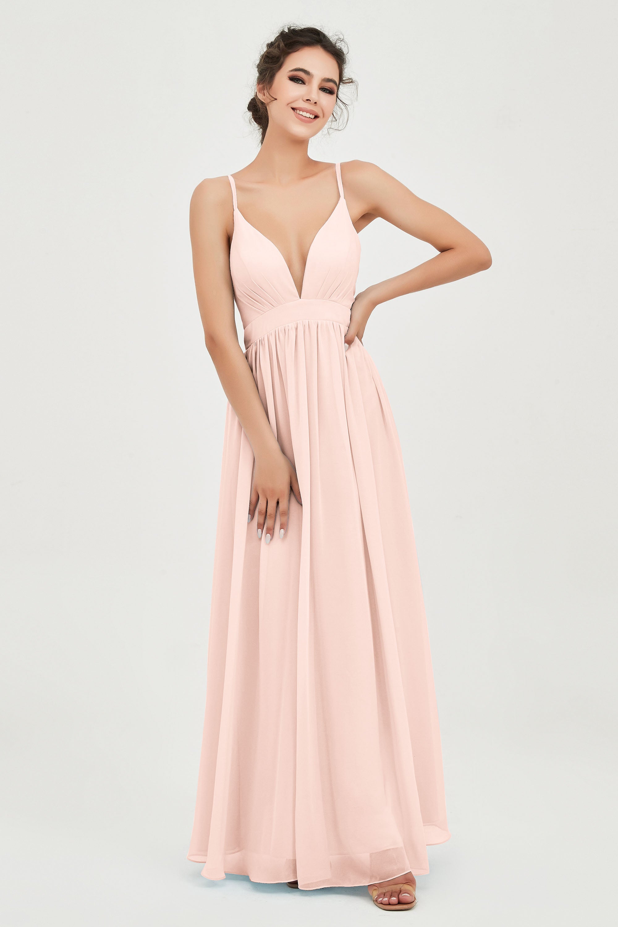 Deep V Neck Sexy Chiffon Bridesmaid Dress Spaghetti Straps Formal Evening Prom Dresses