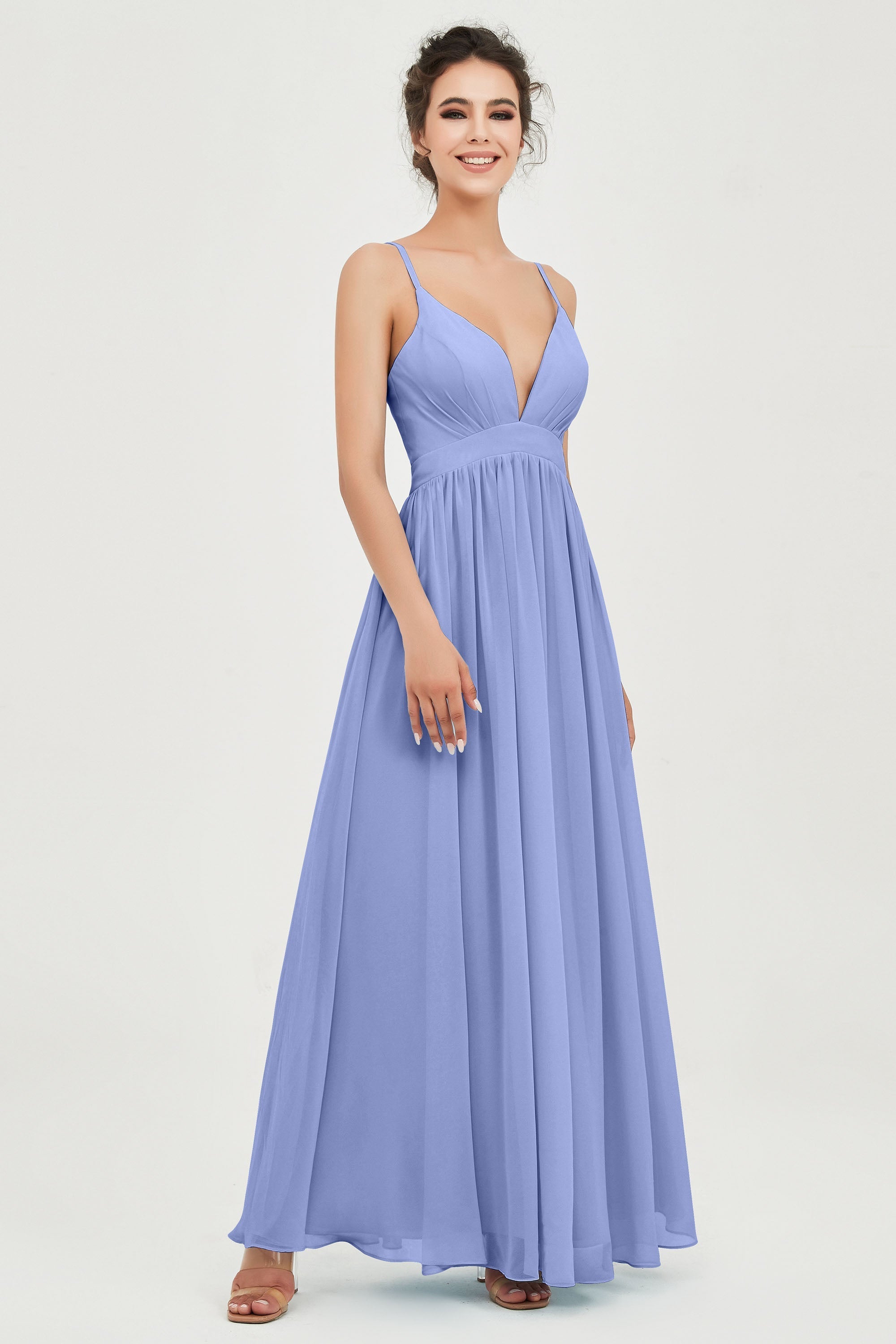 Deep V Neck Sexy Chiffon Bridesmaid Dress Spaghetti Straps Formal Evening Prom Dresses