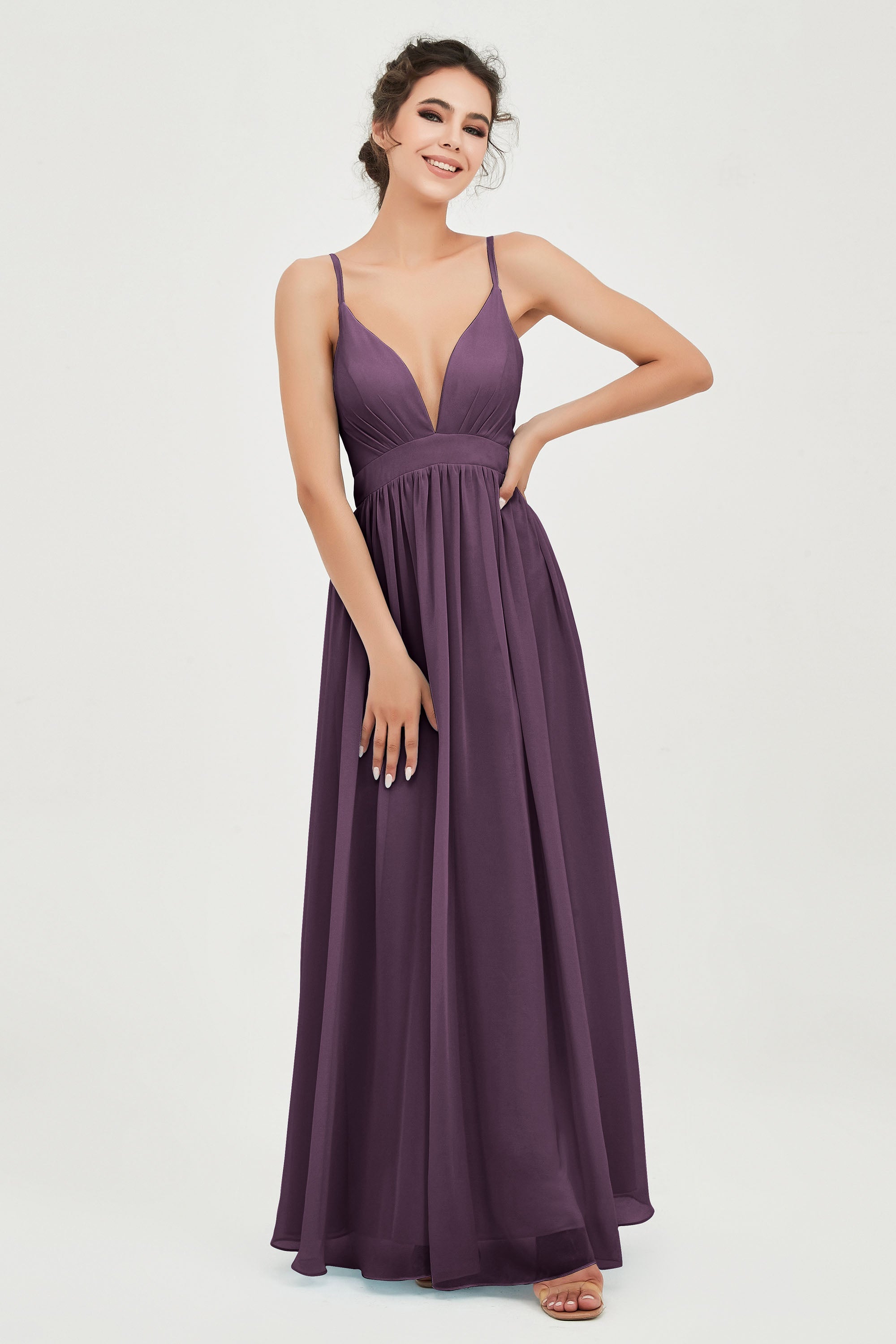 Deep V Neck Sexy Chiffon Bridesmaid Dress Spaghetti Straps Formal Evening Prom Dresses