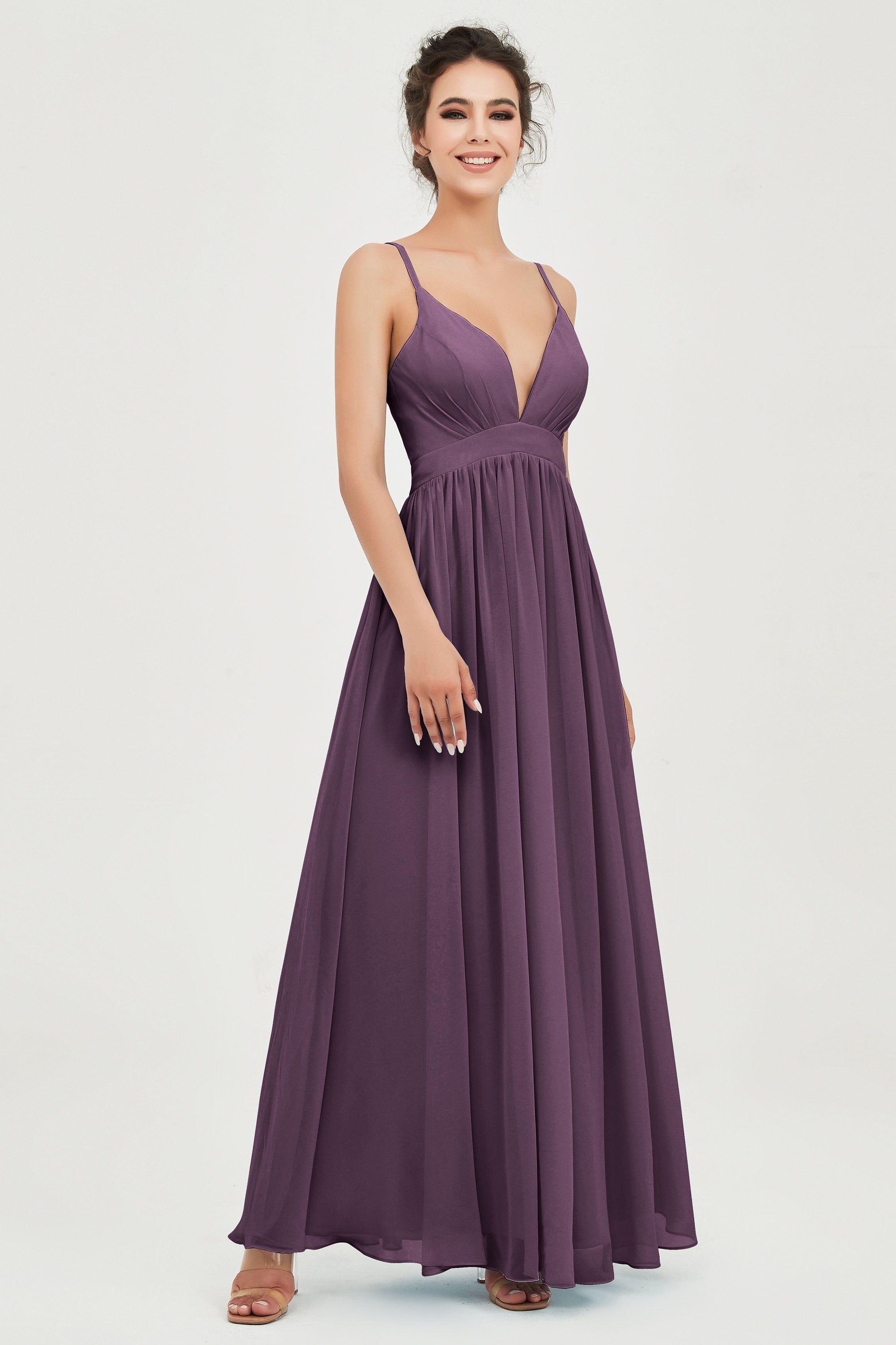 Deep V Neck Sexy Chiffon Bridesmaid Dress Spaghetti Straps Formal Evening Prom Dresses
