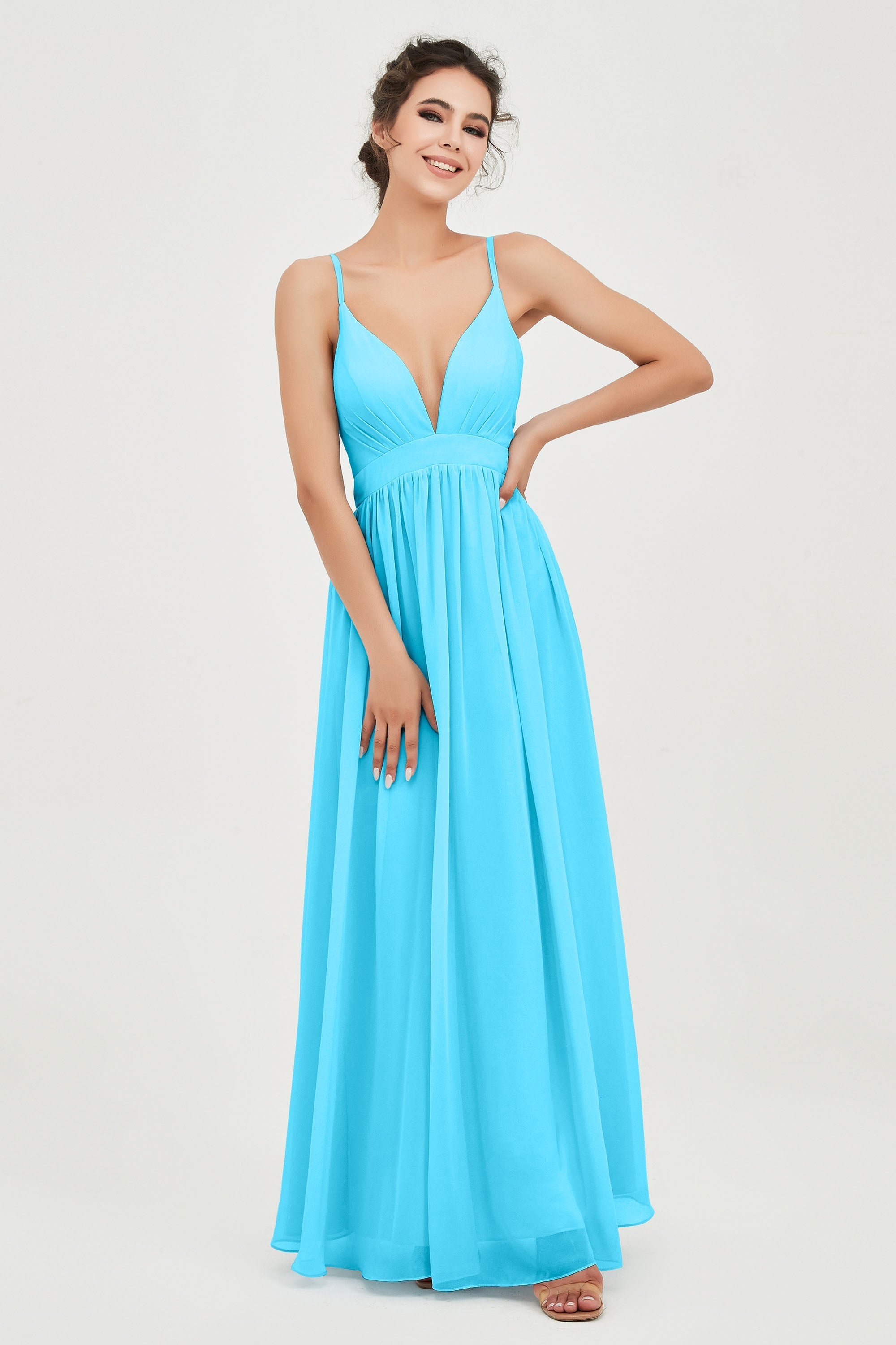 Deep V Neck Sexy Chiffon Bridesmaid Dress Spaghetti Straps Formal Evening Prom Dresses