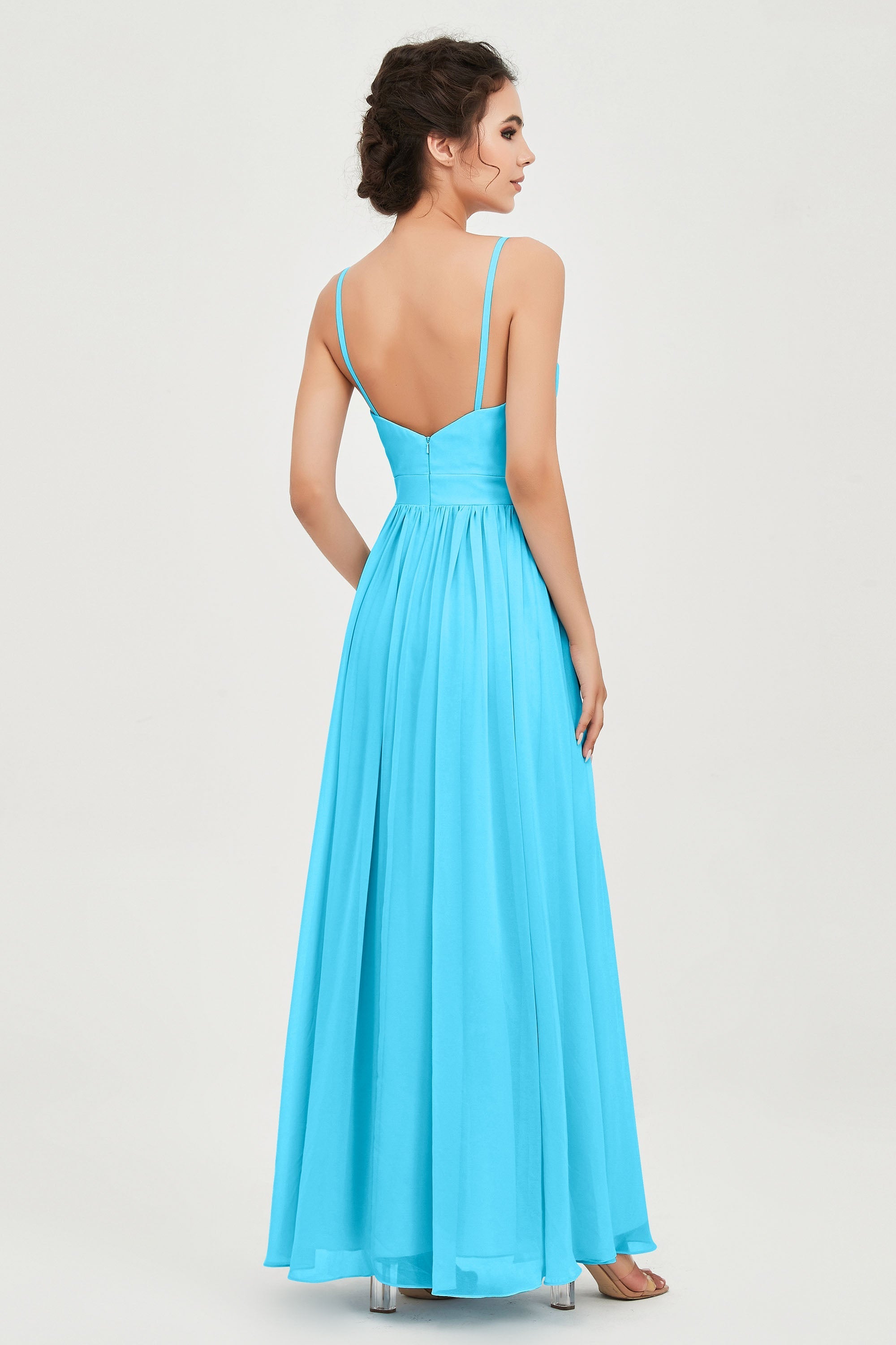 Deep V Neck Sexy Chiffon Bridesmaid Dress Spaghetti Straps Formal Evening Prom Dresses