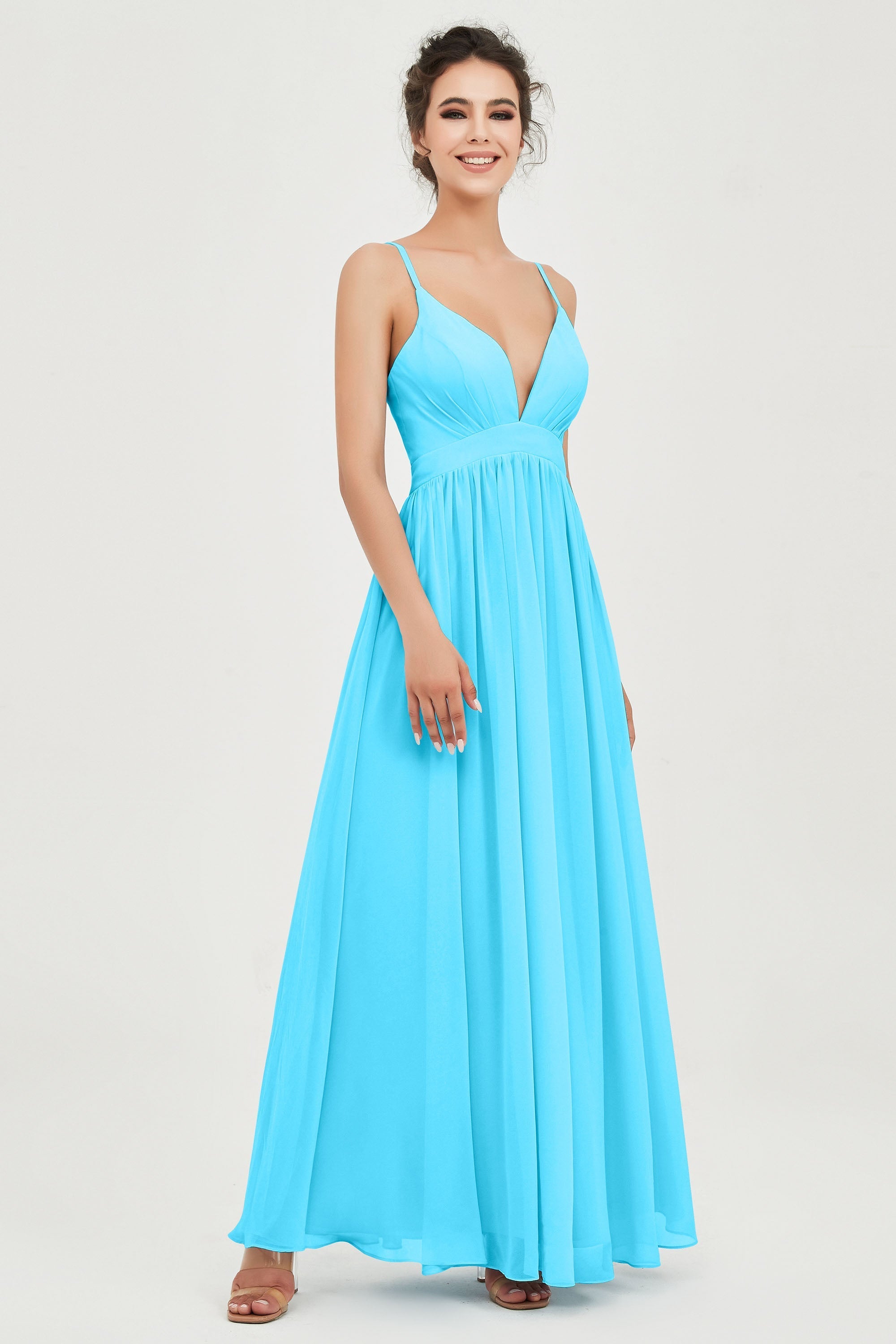 Deep V Neck Sexy Chiffon Bridesmaid Dress Spaghetti Straps Formal Evening Prom Dresses