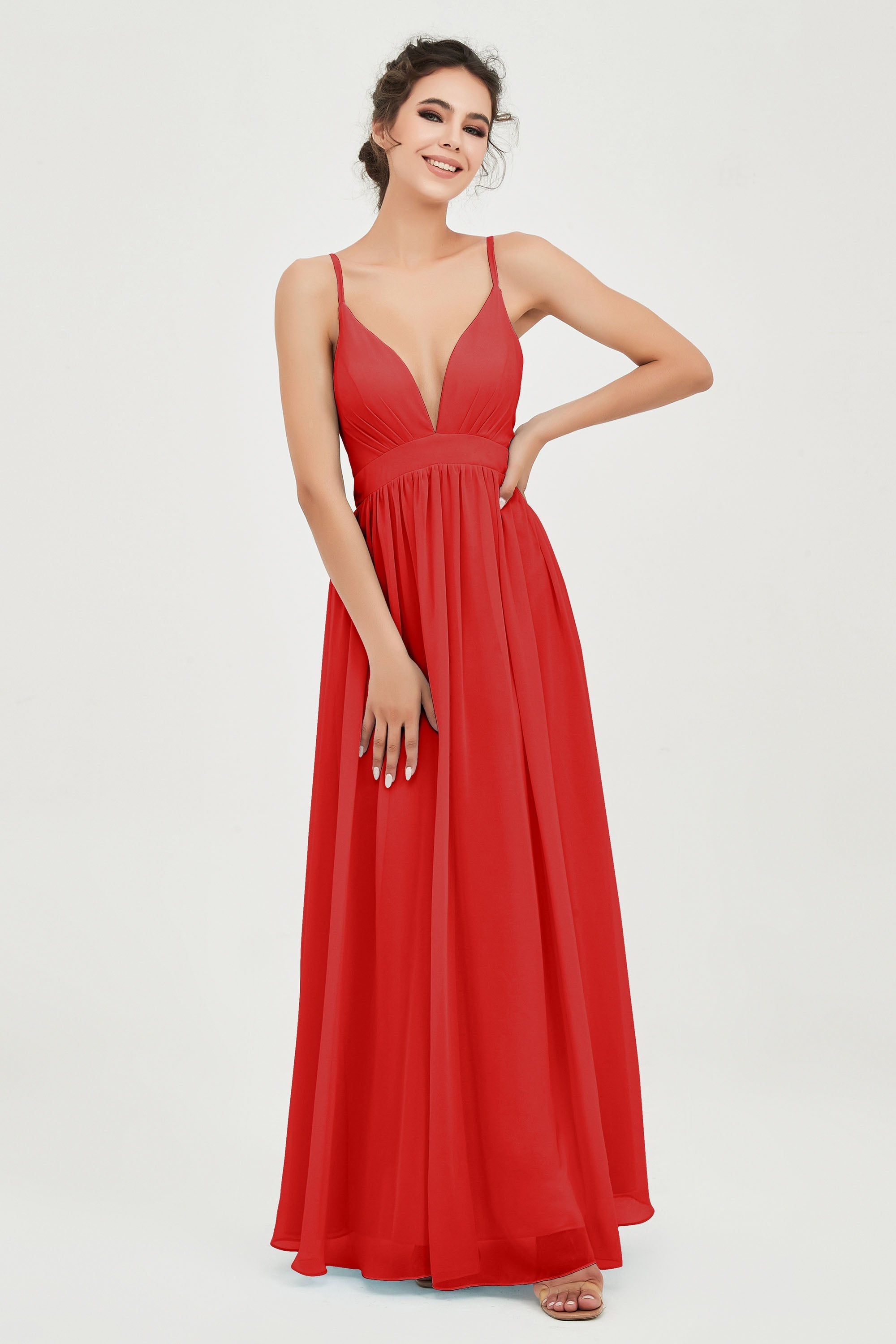 Deep V Neck Sexy Chiffon Bridesmaid Dress Spaghetti Straps Formal Evening Prom Dresses