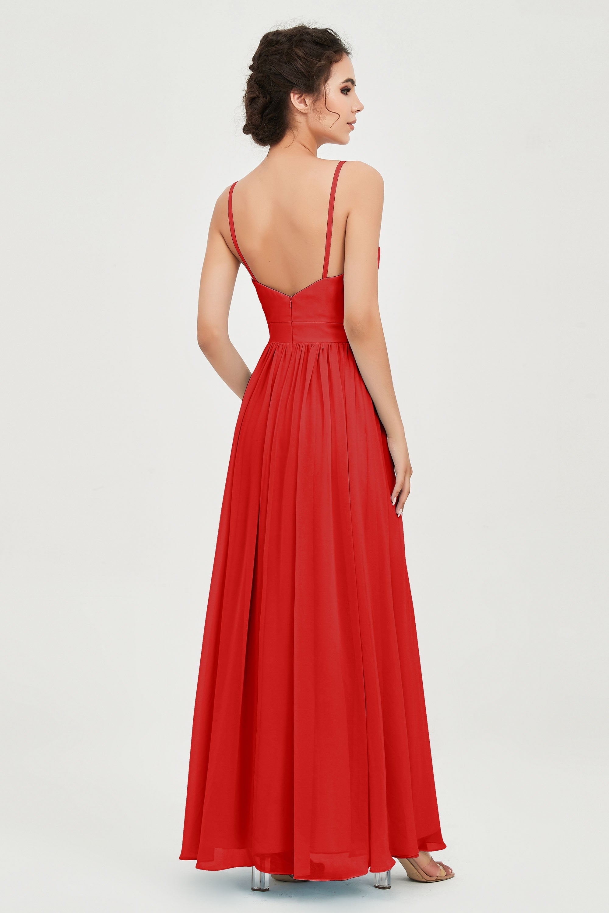 Deep V Neck Sexy Chiffon Bridesmaid Dress Spaghetti Straps Formal Evening Prom Dresses