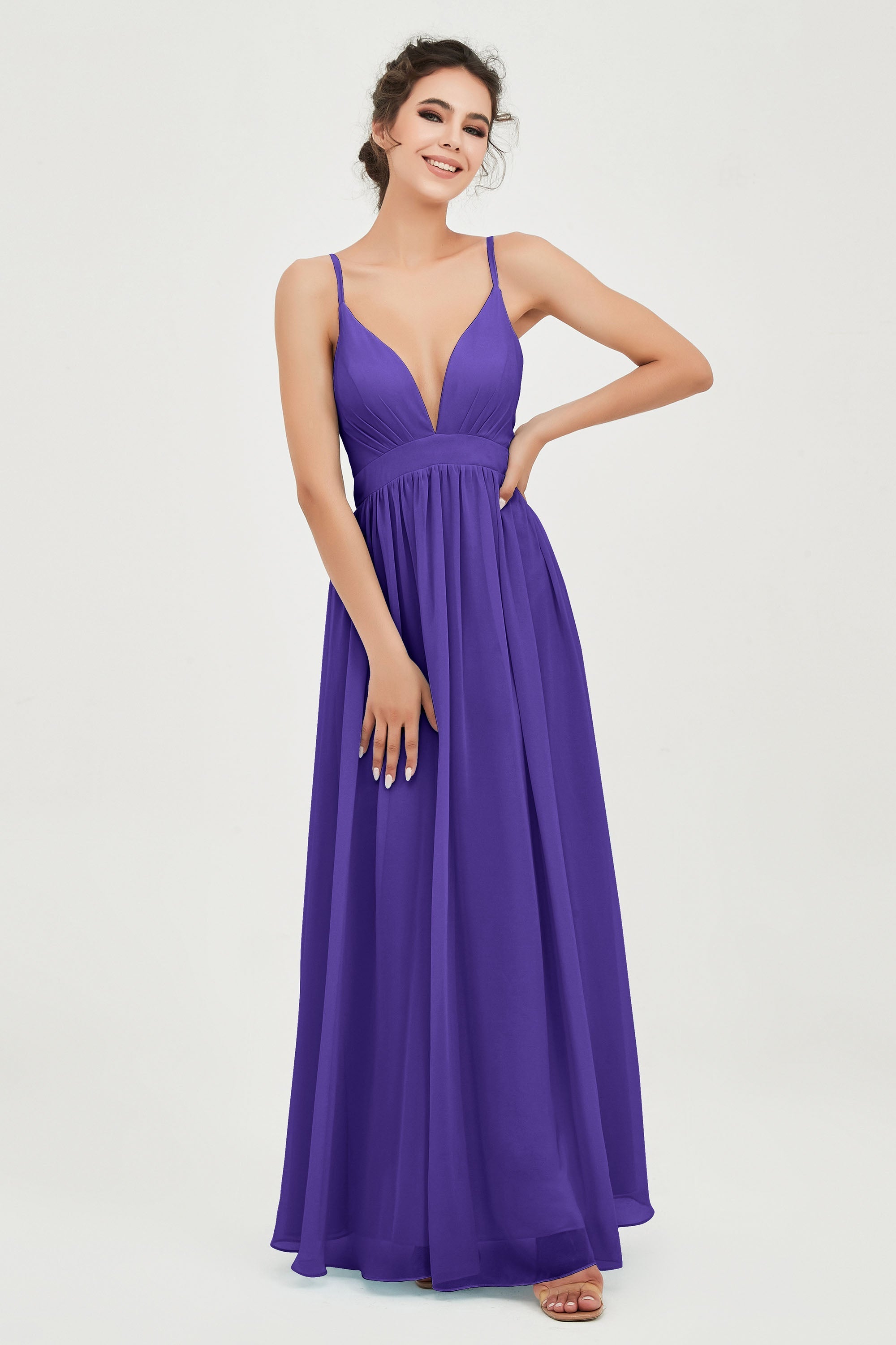 Deep V Neck Sexy Chiffon Bridesmaid Dress Spaghetti Straps Formal Evening Prom Dresses