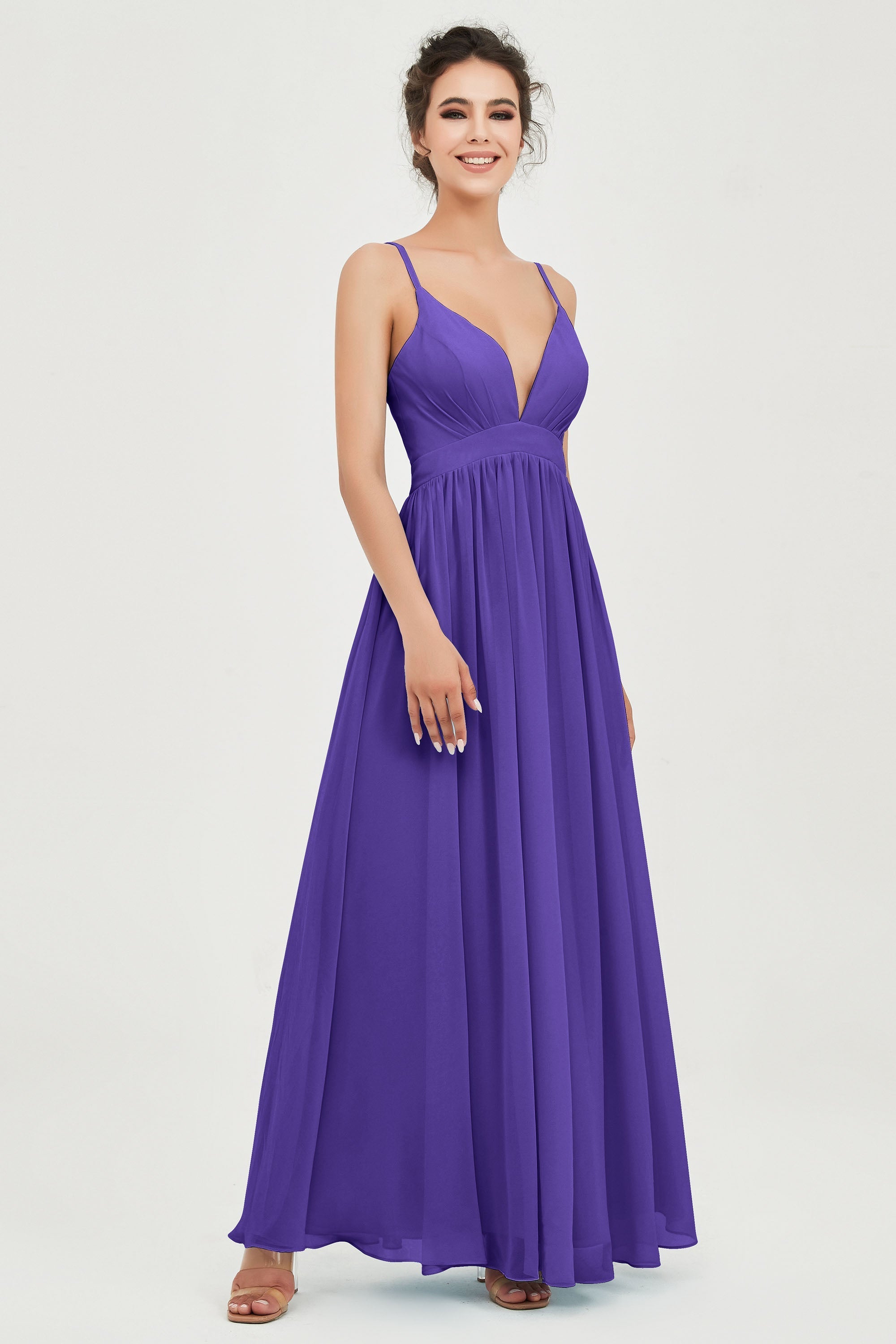 Deep V Neck Sexy Chiffon Bridesmaid Dress Spaghetti Straps Formal Evening Prom Dresses