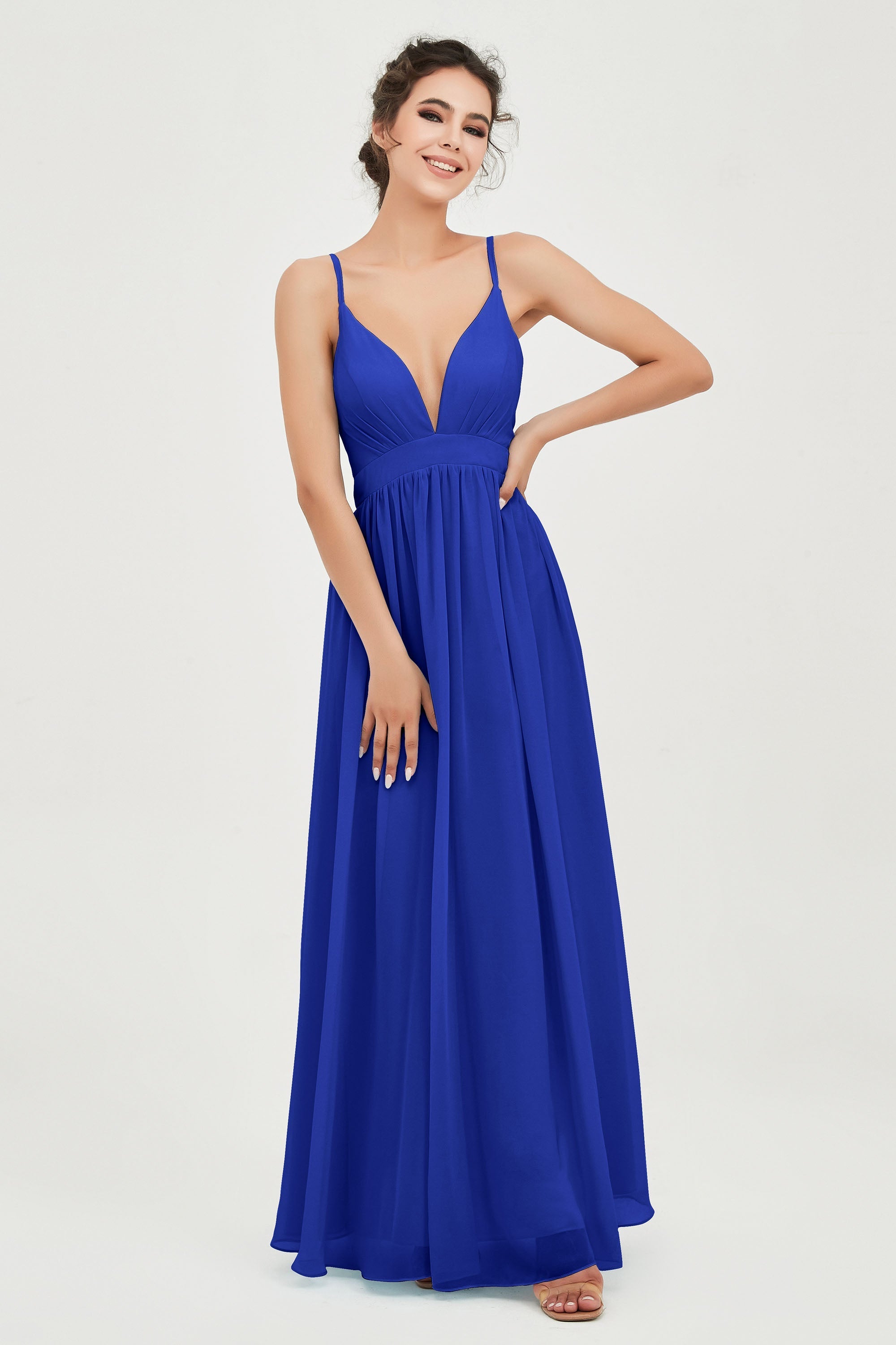 Deep V Neck Sexy Chiffon Bridesmaid Dress Spaghetti Straps Formal Evening Prom Dresses