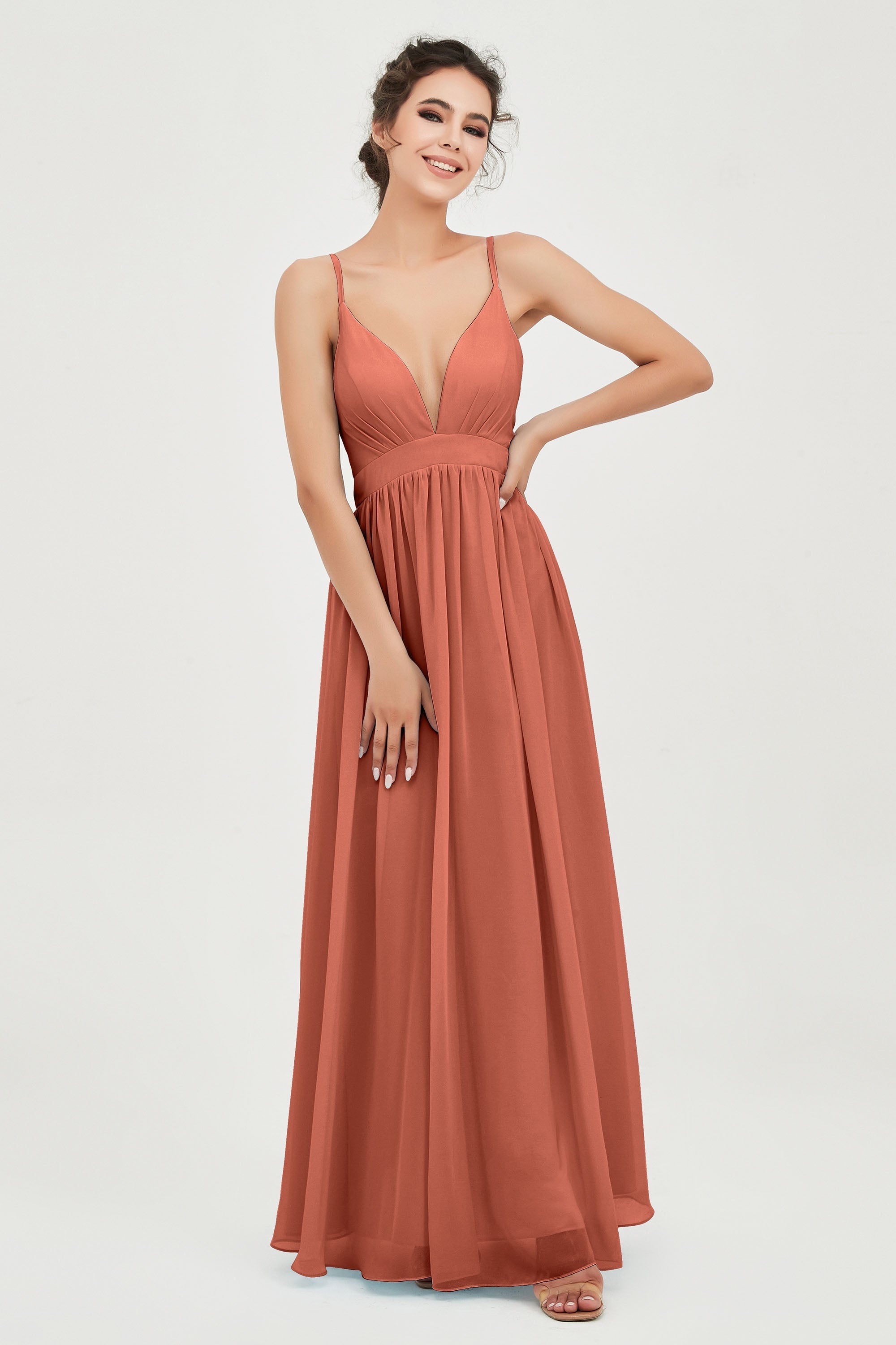 Deep V Neck Sexy Chiffon Bridesmaid Dress Spaghetti Straps Formal Evening Prom Dresses