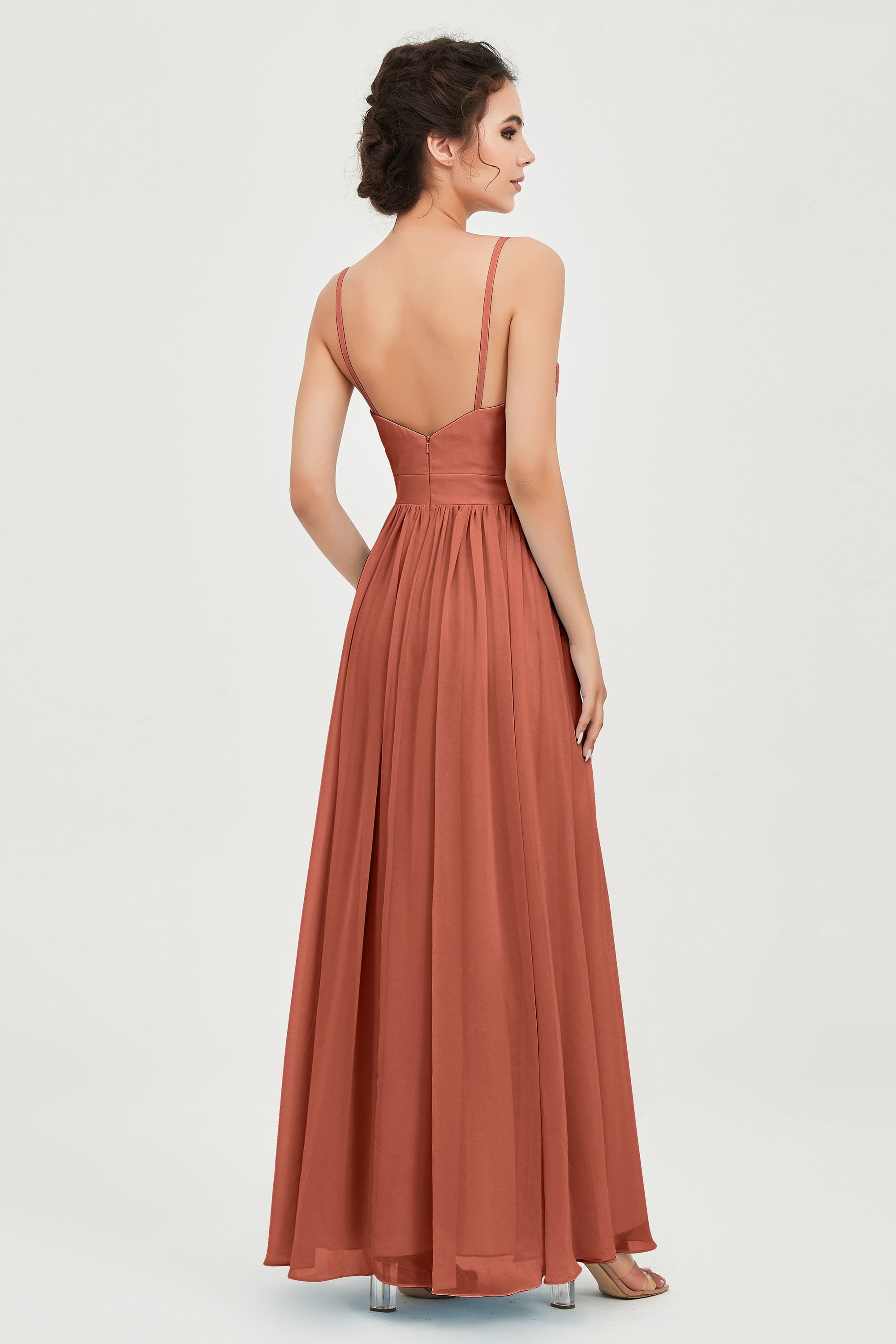 Deep V Neck Sexy Chiffon Bridesmaid Dress Spaghetti Straps Formal Evening Prom Dresses