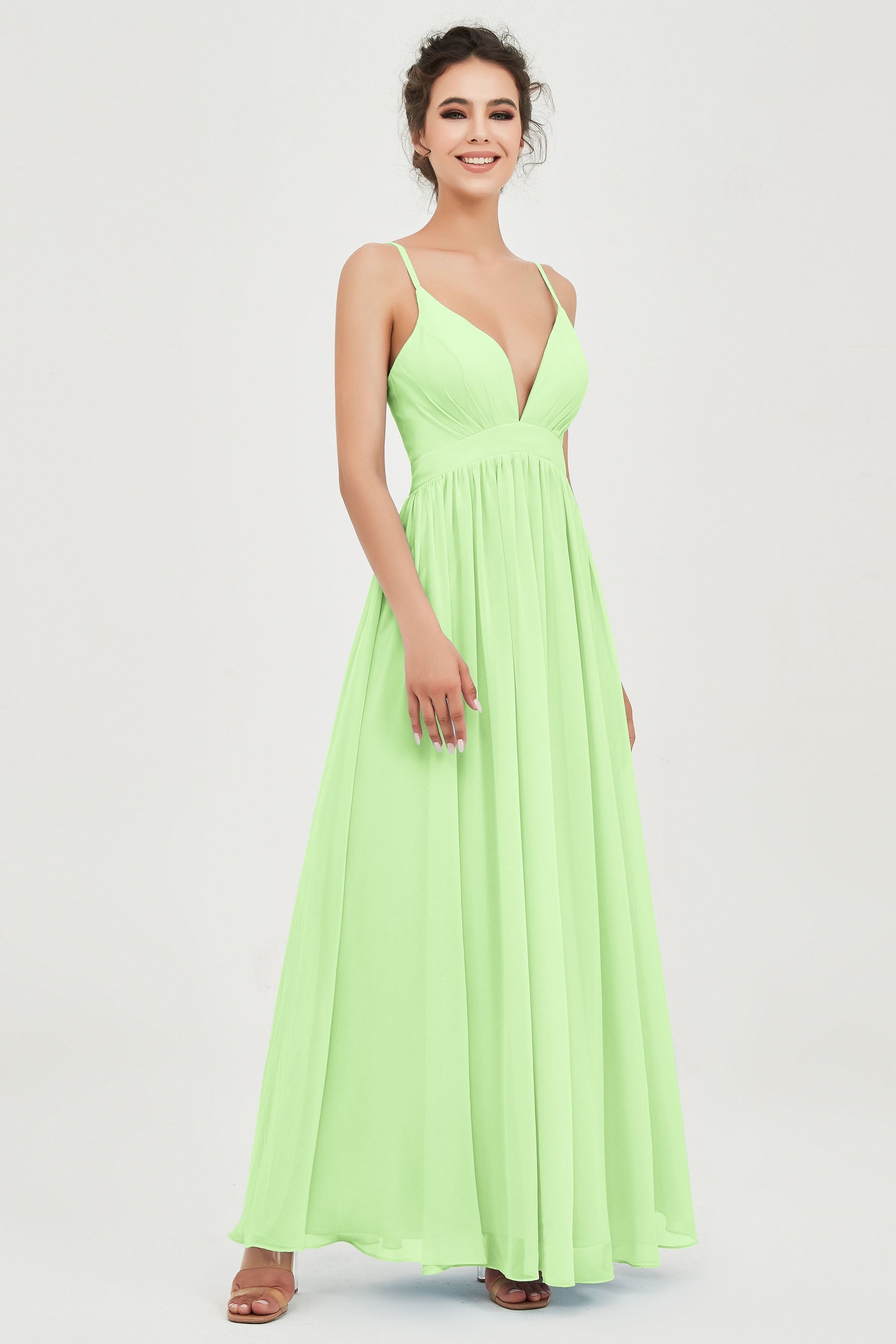 Deep V Neck Sexy Chiffon Bridesmaid Dress Spaghetti Straps Formal Evening Prom Dresses
