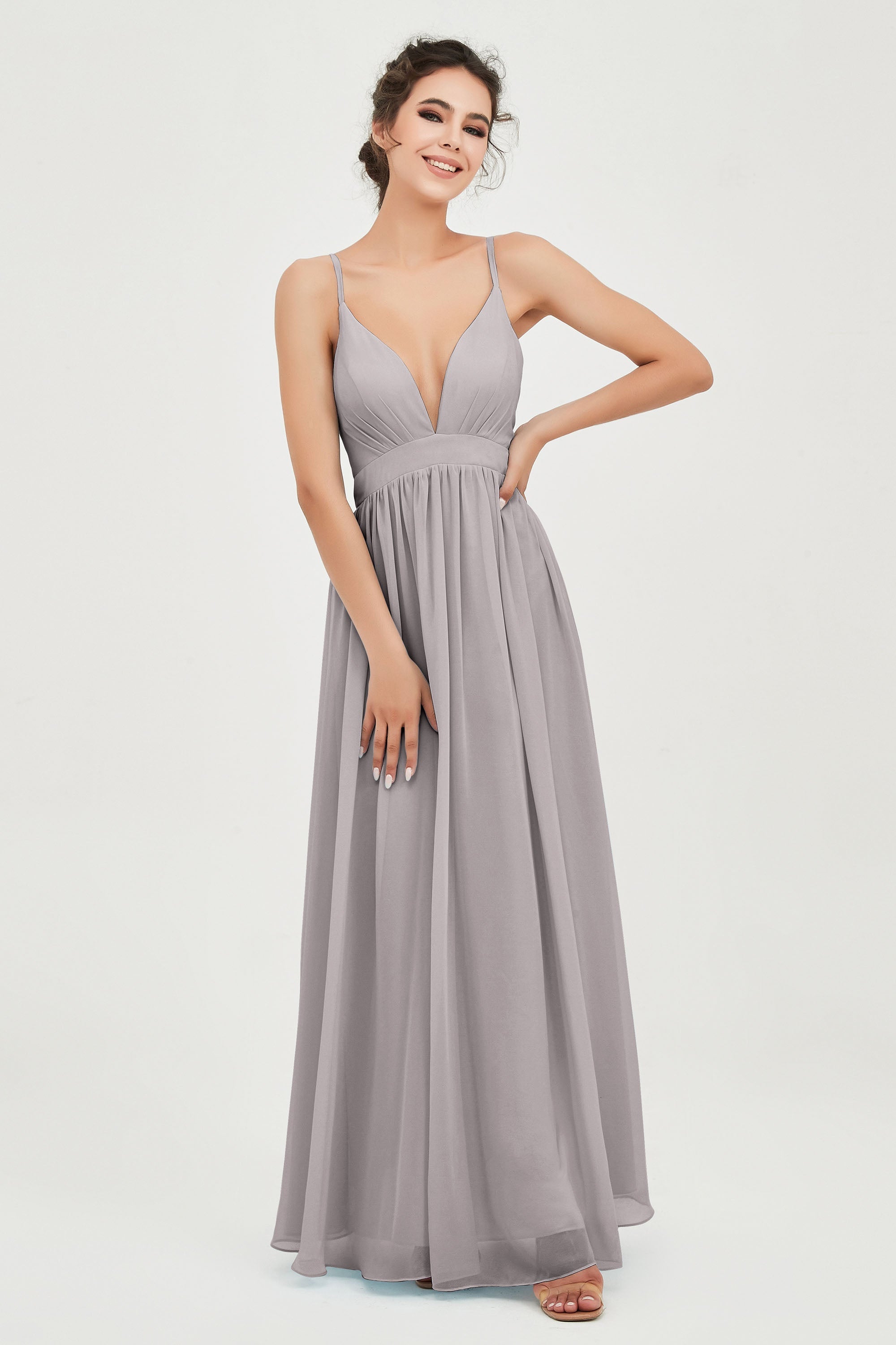Deep V Neck Sexy Chiffon Bridesmaid Dress Spaghetti Straps Formal Evening Prom Dresses