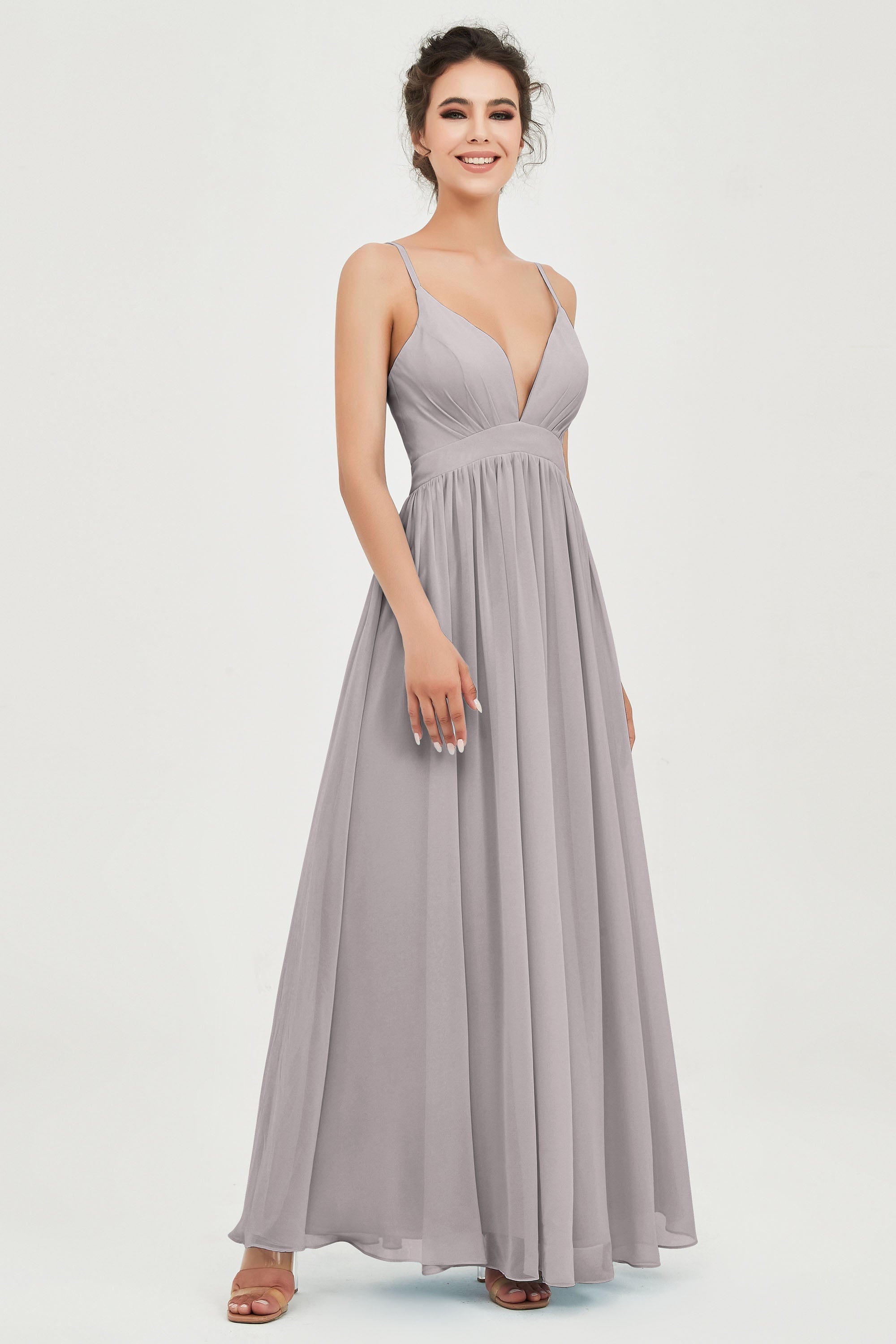 Deep V Neck Sexy Chiffon Bridesmaid Dress Spaghetti Straps Formal Evening Prom Dresses