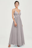 Deep V Neck Sexy Chiffon Bridesmaid Dress Spaghetti Straps Formal Evening Prom Dresses