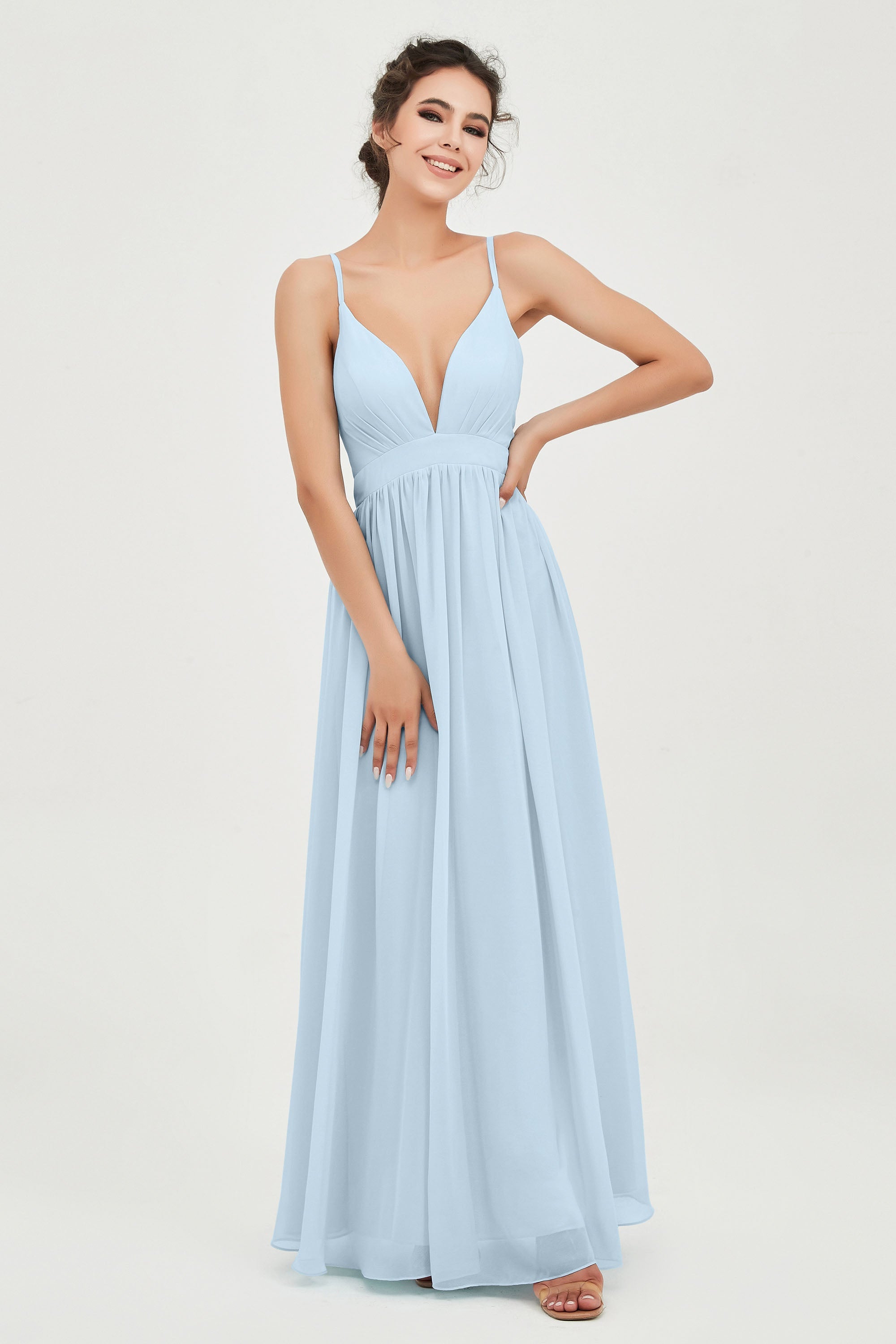 Deep V Neck Sexy Chiffon Bridesmaid Dress Spaghetti Straps Formal Evening Prom Dresses