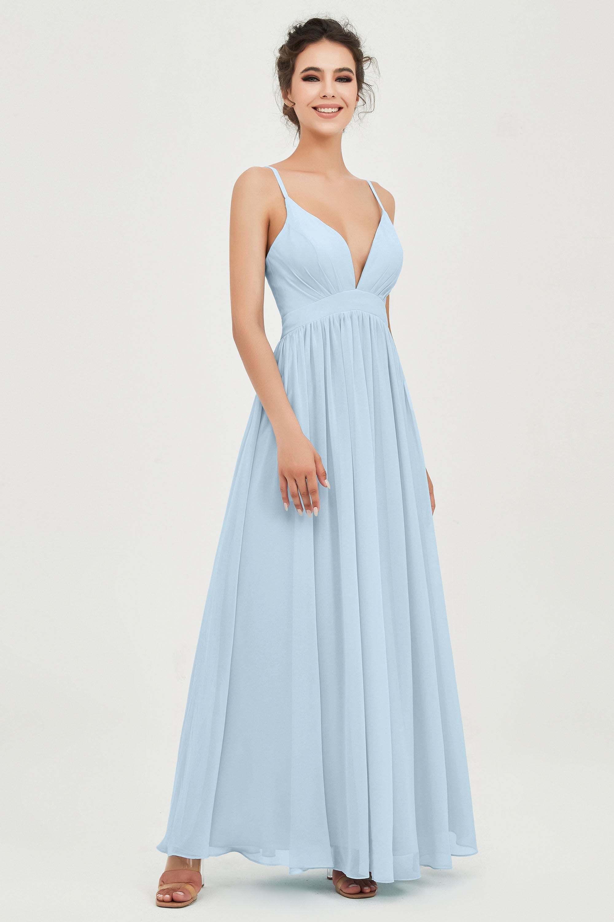 Deep V Neck Sexy Chiffon Bridesmaid Dress Spaghetti Straps Formal Evening Prom Dresses