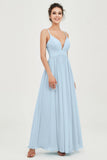 Deep V Neck Sexy Chiffon Bridesmaid Dress Spaghetti Straps Formal Evening Prom Dresses
