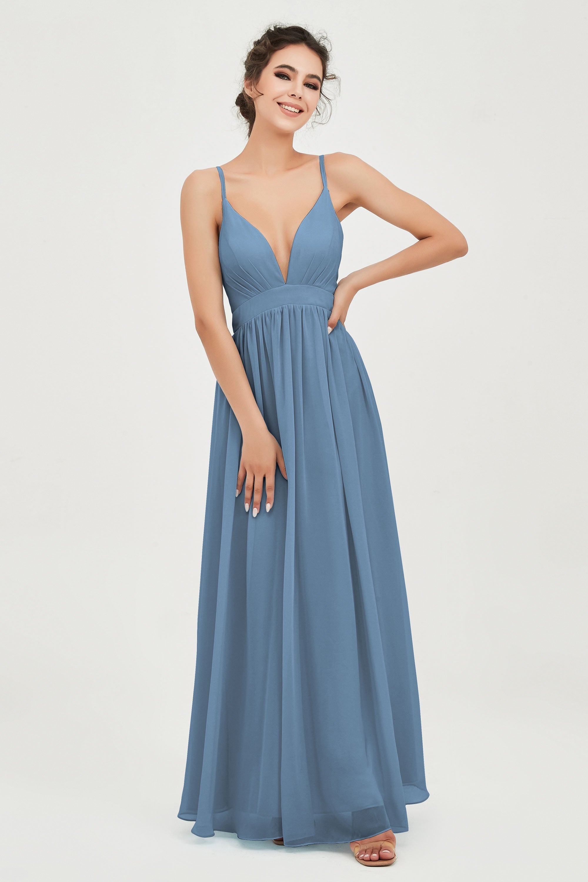 Deep V Neck Sexy Chiffon Bridesmaid Dress Spaghetti Straps Formal Evening Prom Dresses