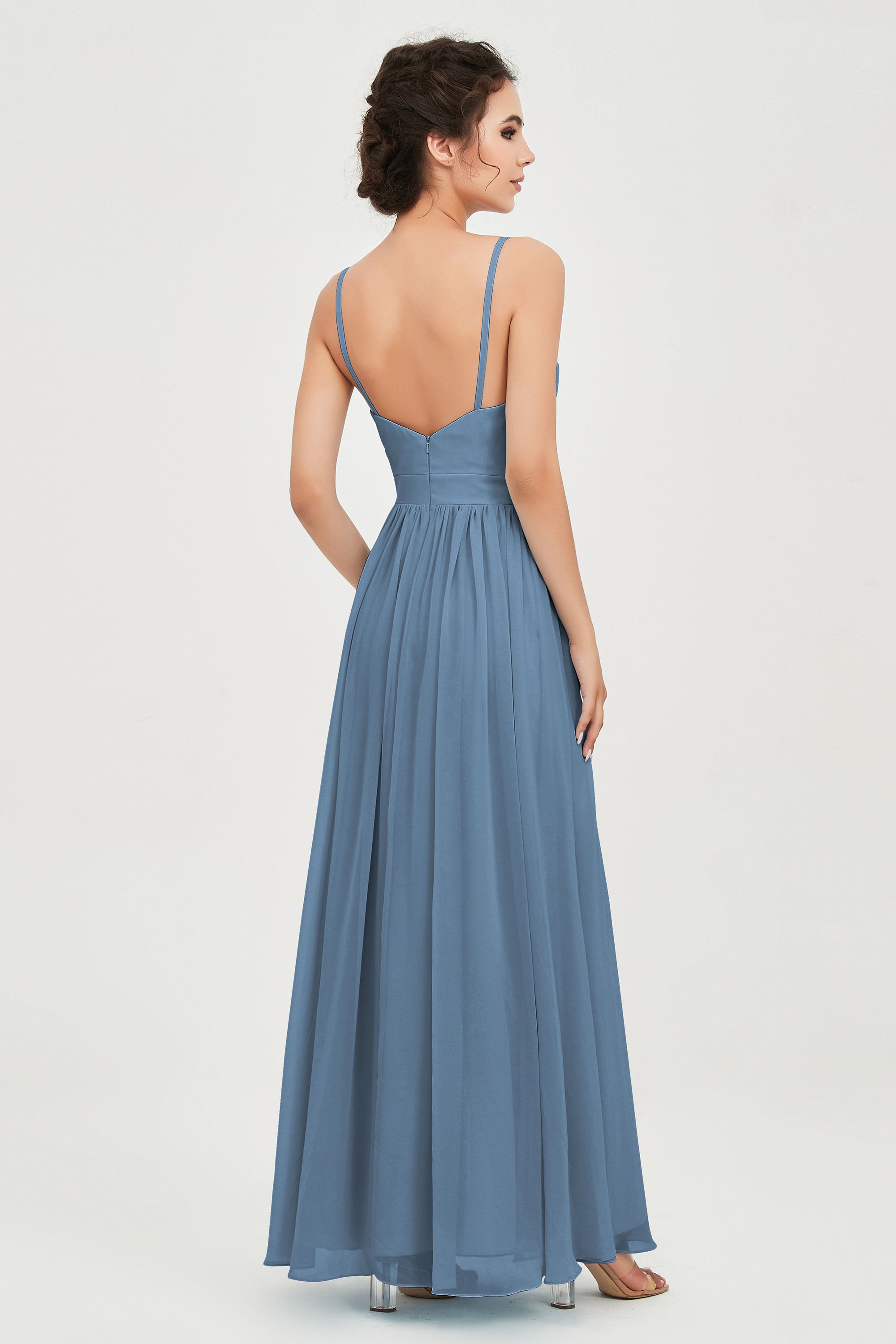 Deep V Neck Sexy Chiffon Bridesmaid Dress Spaghetti Straps Formal Evening Prom Dresses