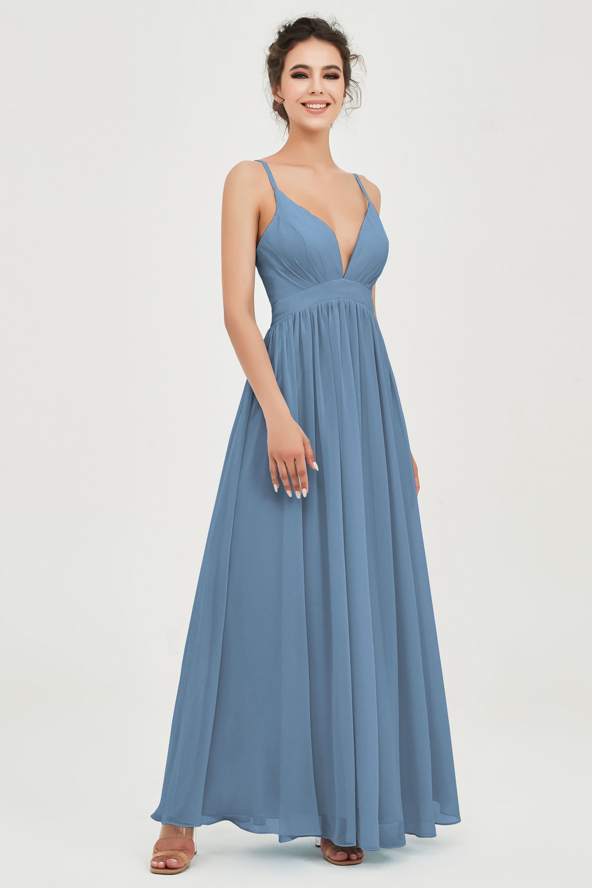 Deep V Neck Sexy Chiffon Bridesmaid Dress Spaghetti Straps Formal Evening Prom Dresses