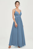 Deep V Neck Sexy Chiffon Bridesmaid Dress Spaghetti Straps Formal Evening Prom Dresses