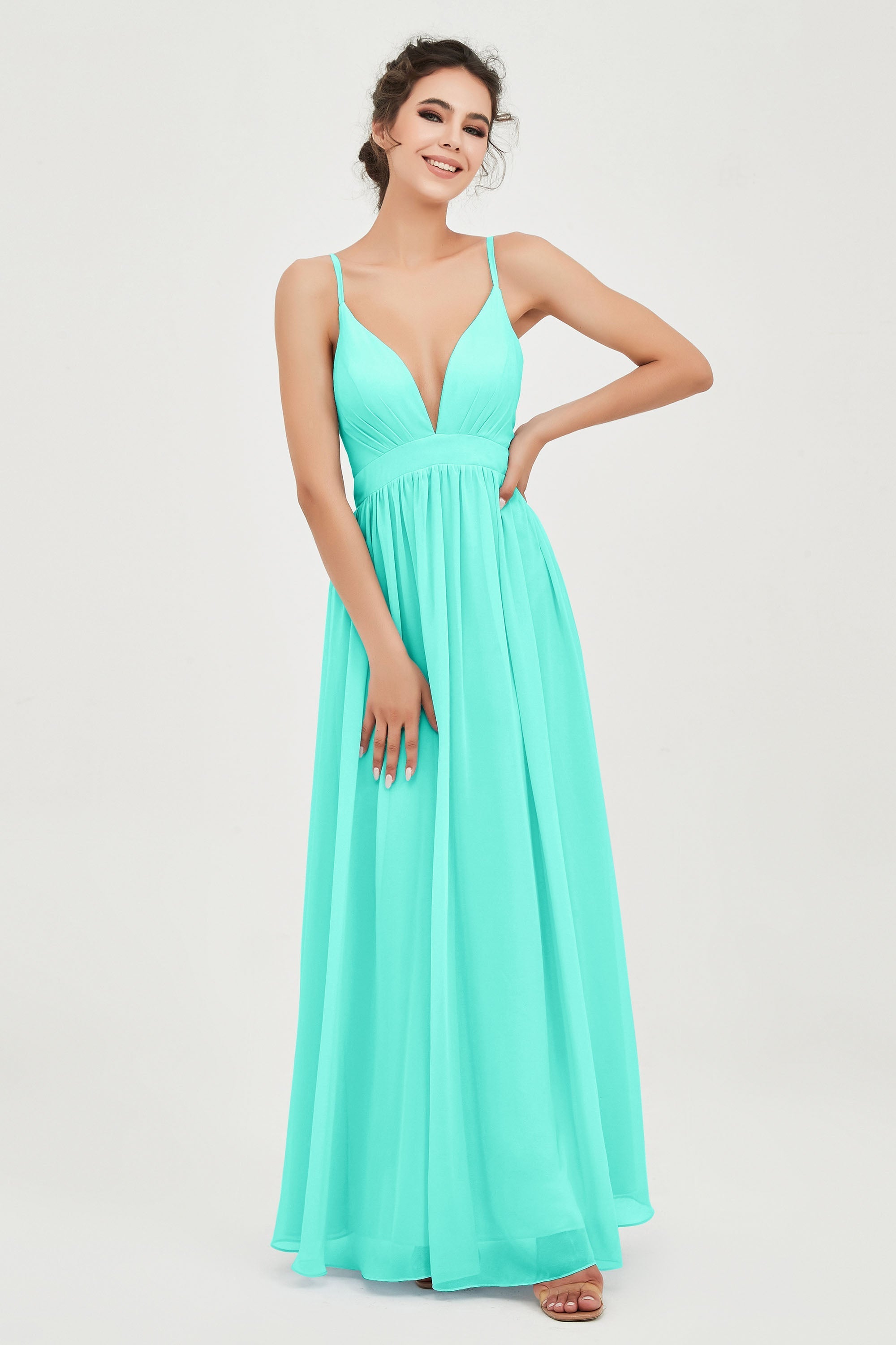 Deep V Neck Sexy Chiffon Bridesmaid Dress Spaghetti Straps Formal Evening Prom Dresses
