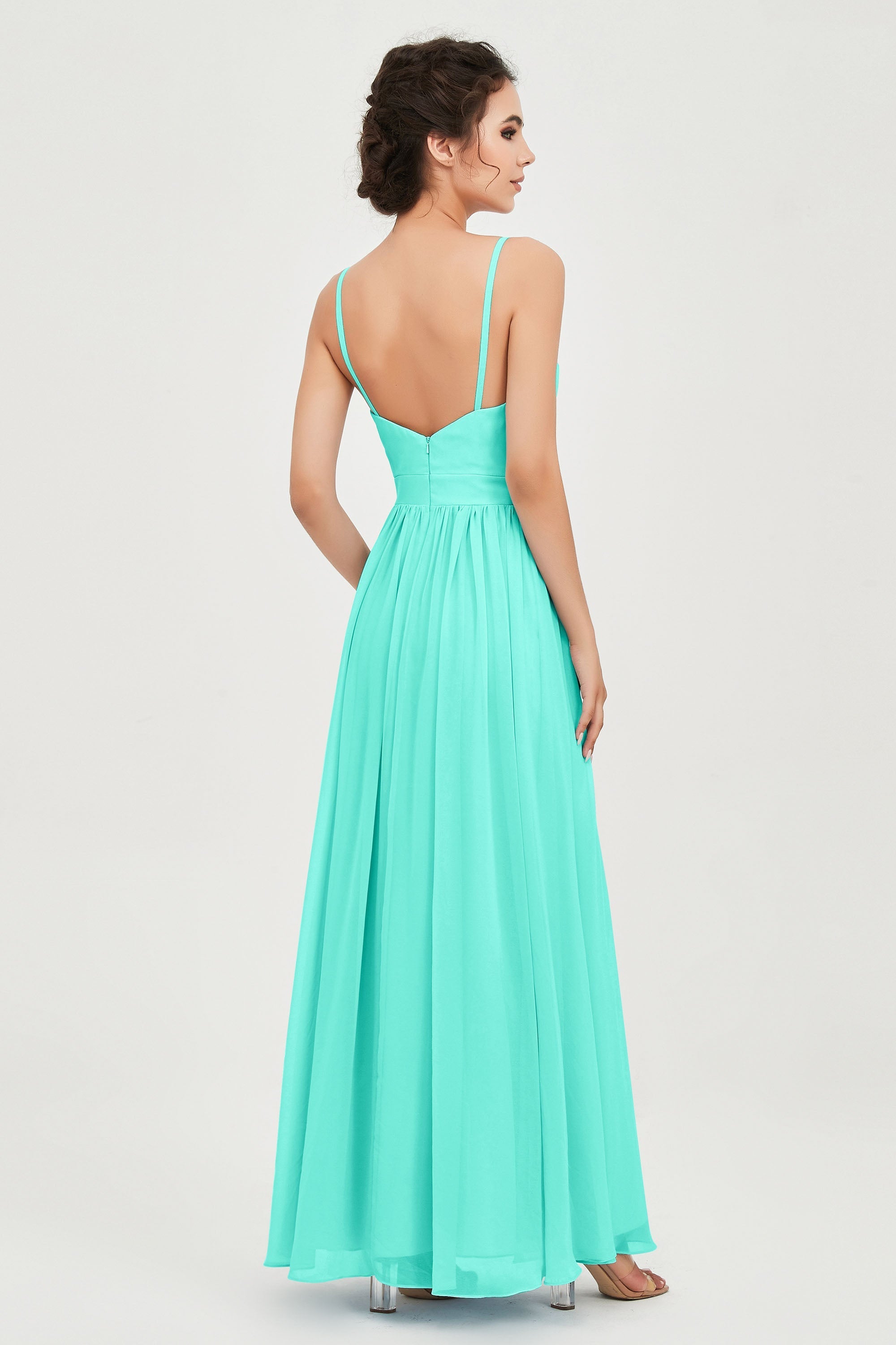 Deep V Neck Sexy Chiffon Bridesmaid Dress Spaghetti Straps Formal Evening Prom Dresses
