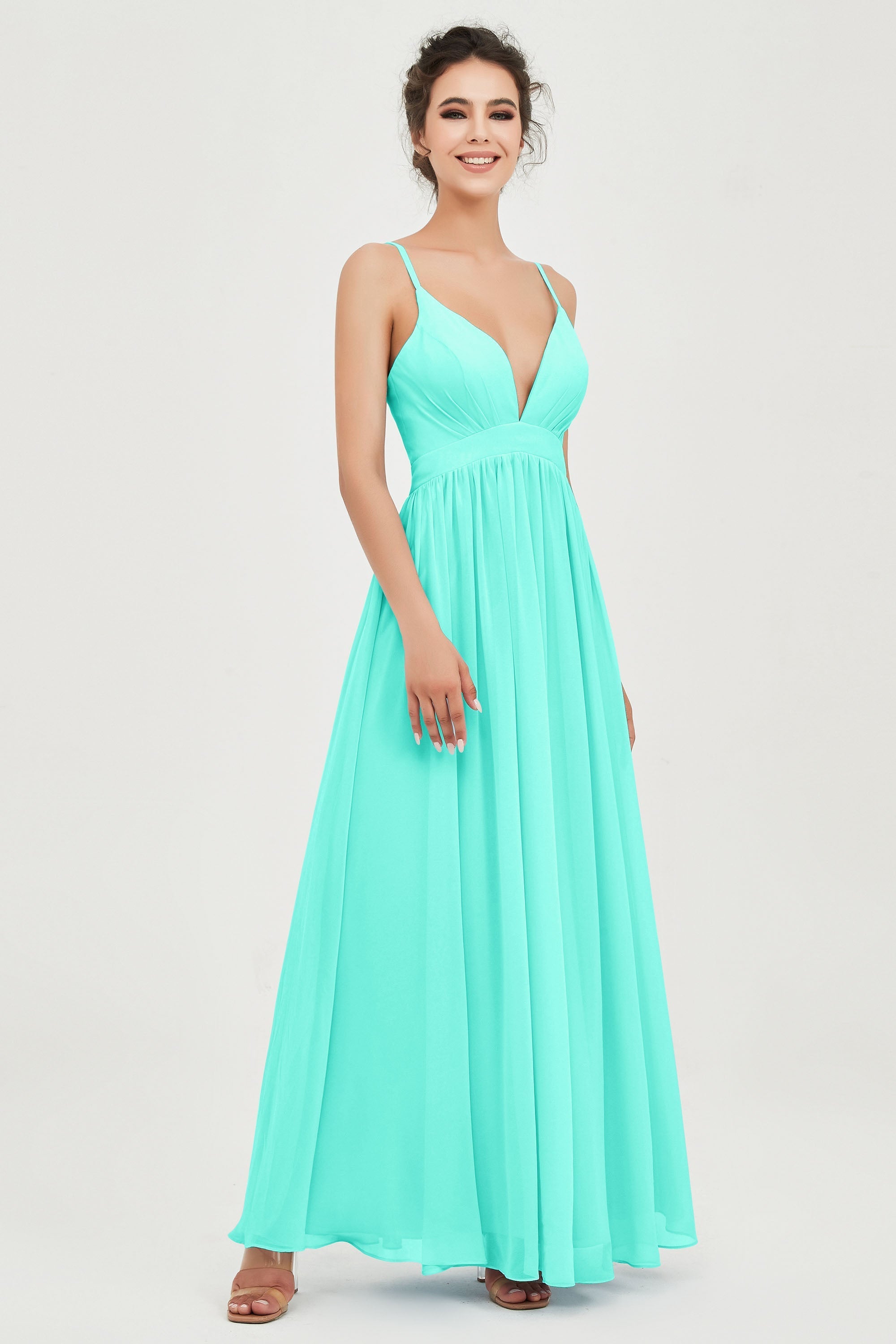 Deep V Neck Sexy Chiffon Bridesmaid Dress Spaghetti Straps Formal Evening Prom Dresses