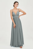 Deep V Neck Sexy Chiffon Bridesmaid Dress Spaghetti Straps Formal Evening Prom Dresses
